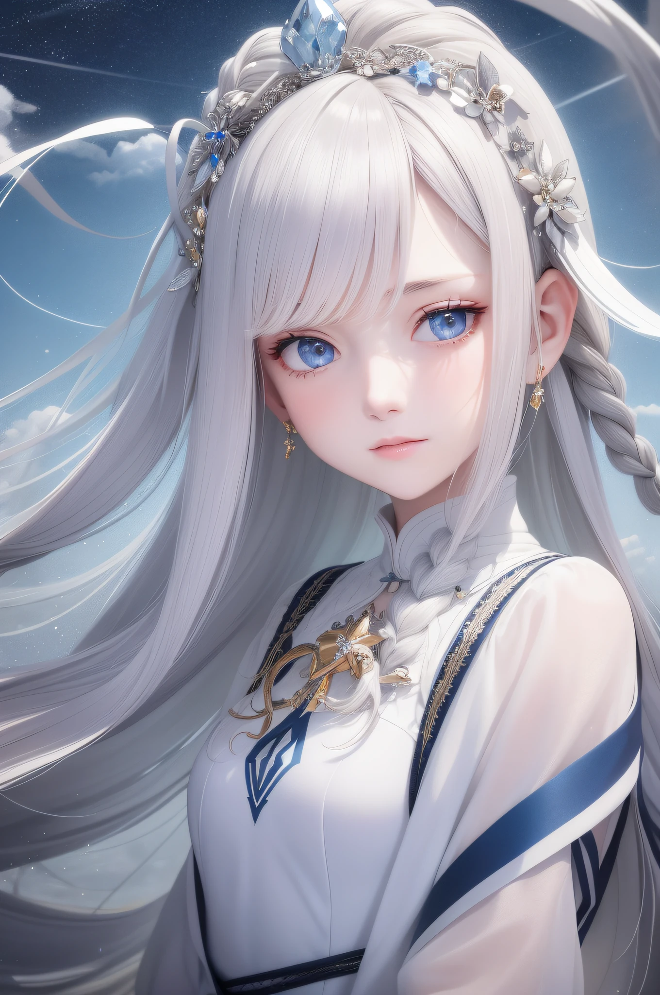 The ultimate masterpiece,Perfect image quality,Gray hair pure blue,Golden eyes twinkle,White clothes flowing,Looking Up The Sky,Upper body or whole body display,Hair flutters like a waterfall,Skin as fair as snow,The side braid swings gracefully。