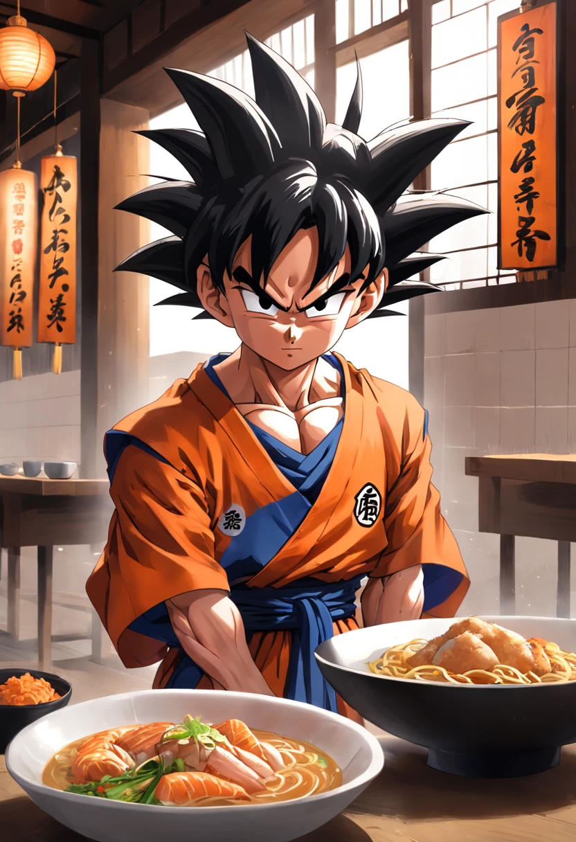Dragon Ball Goku,Gran simio, Retrato de cuerpo entero,de un real,Los rasgos faciales se representan cuidadosamente,textura realista de la piel,Estilo oscuro,Profundidad de campos,Luz alta,Luz real,Trazado de rayos,OC renderizado,hyper-realistic,Mejor calidad,8k,Obras de maestros,Super-fino,Old pubic detailed,anatomy correct,sharp focus on eyes,Los rasgos faciales se representan cuidadosamente. Goku Disfrutando de Fideos Chinos en un Restaurante" Description: En un restaurante acogedor con toques orientales, Goku, el famoso guerrero saiyajin, se encuentra en la cocina, rodeado de aromas deliciosos. Dressed in his iconic martial arts uniform, Goku is sitting on a high stool in front of a kitchen counter.... A cup of steaming Chinese noodles rests in front of him, mientras sostiene los palillos con destreza. With a smile of anticipation, Goku se dispone a saborear los fideos con entusiasmo. His fellow Z warriors gather at a nearby table., Observing with amusement his encounter with terrestrial cuisine. Behind him, los chefs del restaurante, ataviados con sus uniformes tradicionales, They watch with admiration the legendary fighter as he enjoys the meal.. The atmosphere is full of warmth and camaraderie, despite the epic adventures that Goku and his friends regularly face. Soft lighting enhances the scene, Making the colors of the ingredients and the decoration of the restaurant shine with a cozy luminosity. La imagen captura un momento inusual y relajado en la vida de Goku, showing his more human side while enjoying an earthy meal in the midst of his incredible exploits.