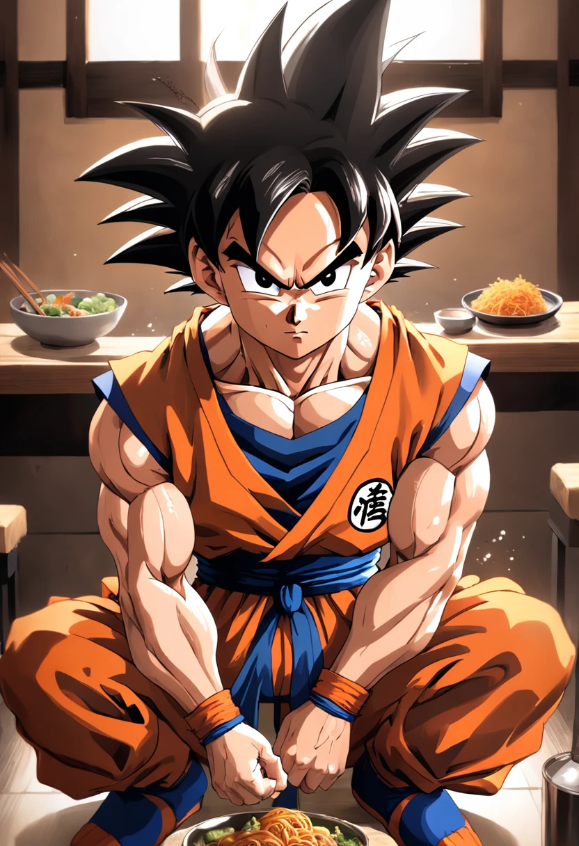 Dragon Ball Goku，Gran simio, Retrato de cuerpo entero，de un real，Los rasgos faciales se representan cuidadosamente，textura realista de la piel，Estilo oscuro，Profundidad de campos，Luz alta，Luz real，Trazado de rayos，OC renderizado，hyper-realistic，Mejor calidad，8k，Obras de maestros，Super-fino，Old pubic detailed，anatomy correct，sharp focus on eyes，Los rasgos faciales se representan cuidadosamente. Goku Disfrutando de Fideos Chinos en un Restaurante" Description: En un restaurante acogedor con toques orientales, Goku, el famoso guerrero saiyajin, se encuentra en la cocina, rodeado de aromas deliciosos. Dressed in his iconic martial arts uniform, Goku is sitting on a high stool in front of a kitchen counter.... A cup of steaming Chinese noodles rests in front of him, mientras sostiene los palillos con destreza. With a smile of anticipation, Goku se dispone a saborear los fideos con entusiasmo. His fellow Z warriors gather at a nearby table., Observing with amusement his encounter with terrestrial cuisine. Behind him, los chefs del restaurante, ataviados con sus uniformes tradicionales, They watch with admiration the legendary fighter as he enjoys the meal.. The atmosphere is full of warmth and camaraderie, despite the epic adventures that Goku and his friends regularly face. Soft lighting enhances the scene, Making the colors of the ingredients and the decoration of the restaurant shine with a cozy luminosity. La imagen captura un momento inusual y relajado en la vida de Goku, showing his more human side while enjoying an earthy meal in the midst of his incredible exploits.