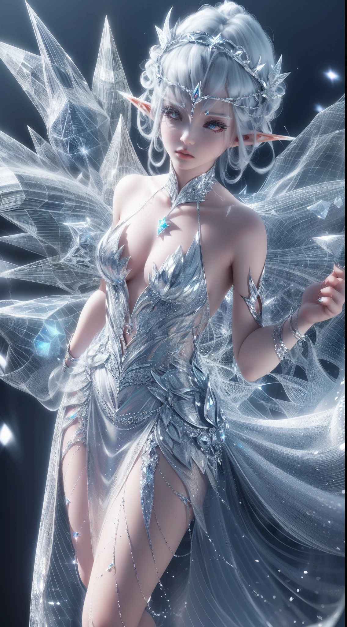 1girll, elf, fairy queen, White colored hair, Silver eyes, Crystal crown, diamonds, (((Silver dream dress))), translucent cleavage dress, Transparent dress, Sparkling, Bokeh, (。.3D:1.5), hyper HD, illusory engine, SFX, Volumetric lights