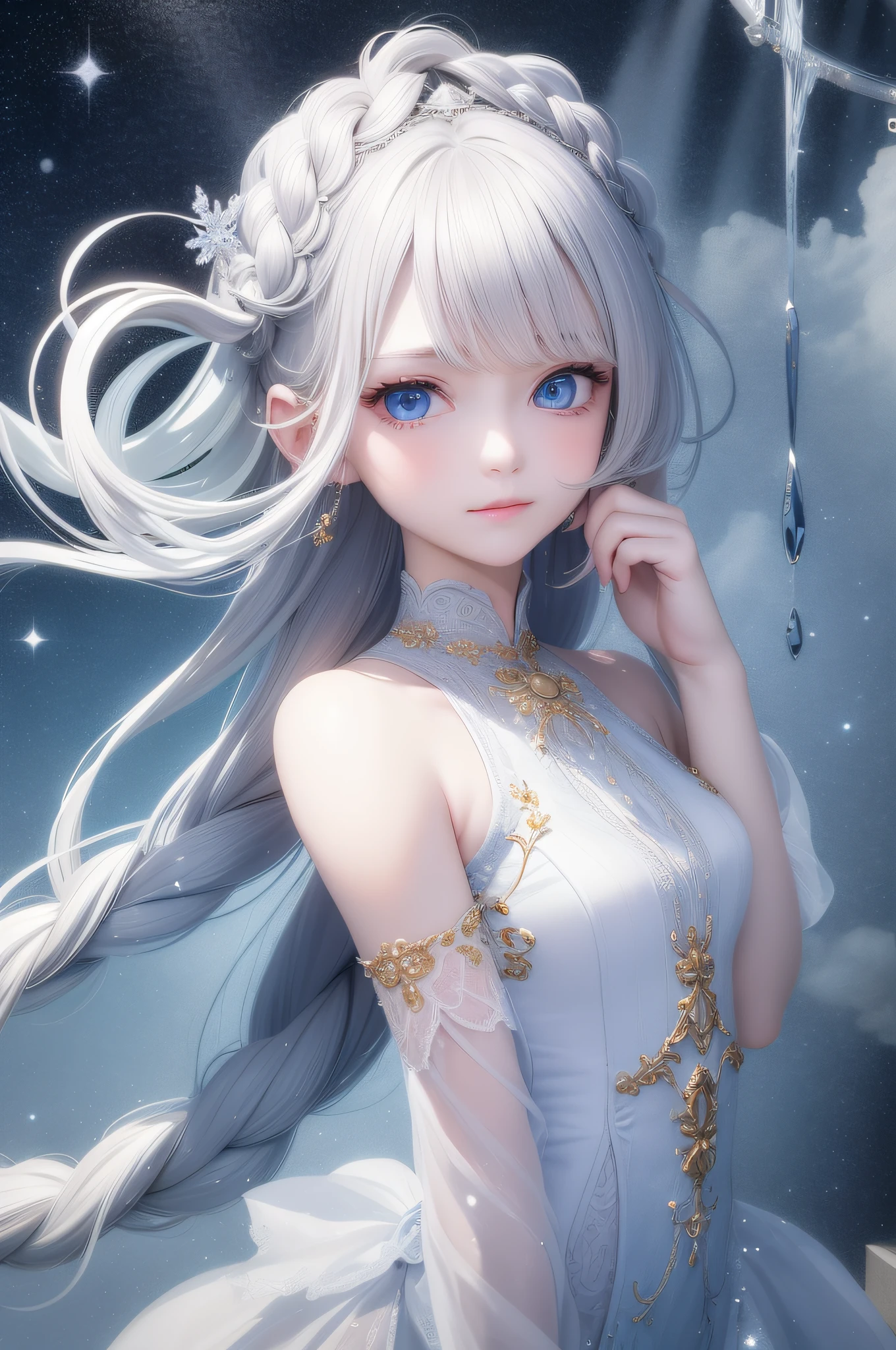 The ultimate masterpiece，Perfect image quality，Gray hair pure blue，Golden eyes twinkle，White clothes flowing，Looking Up The Sky，Upper body or whole body display，Hair flutters like a waterfall，Skin as fair as snow，The side braid swings gracefully。