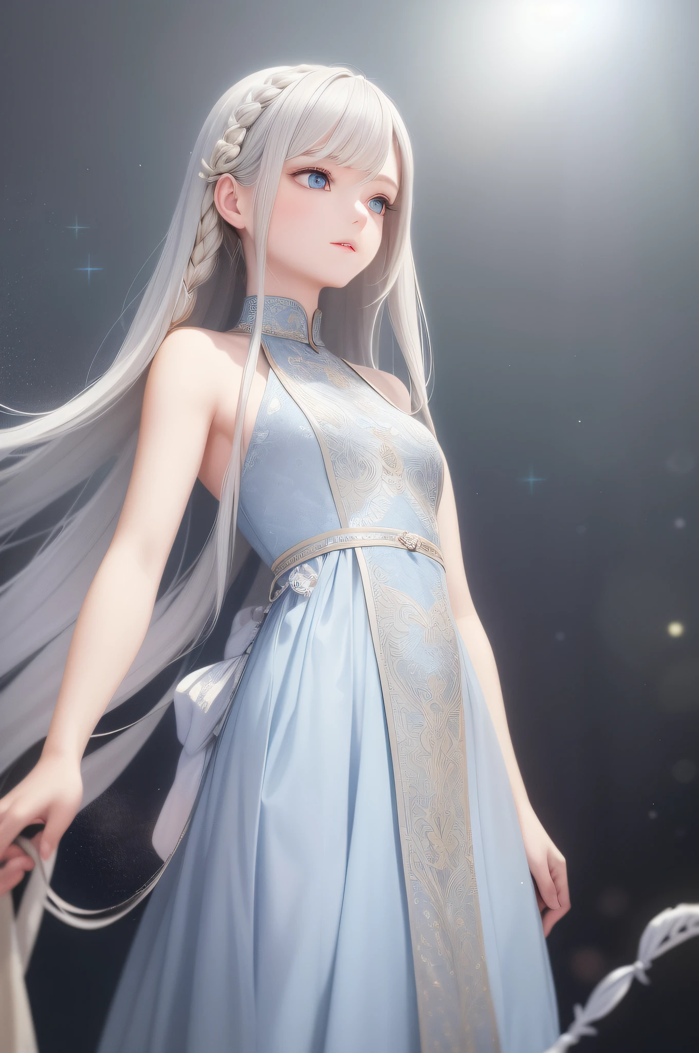 The ultimate masterpiece,Perfect image quality,Gray hair pure blue,Golden eyes twinkle,White clothes flowing,Looking Up The Sky,Upper body or whole body display,Hair flutters like a waterfall,Skin as fair as snow,The side braid swings gracefully。