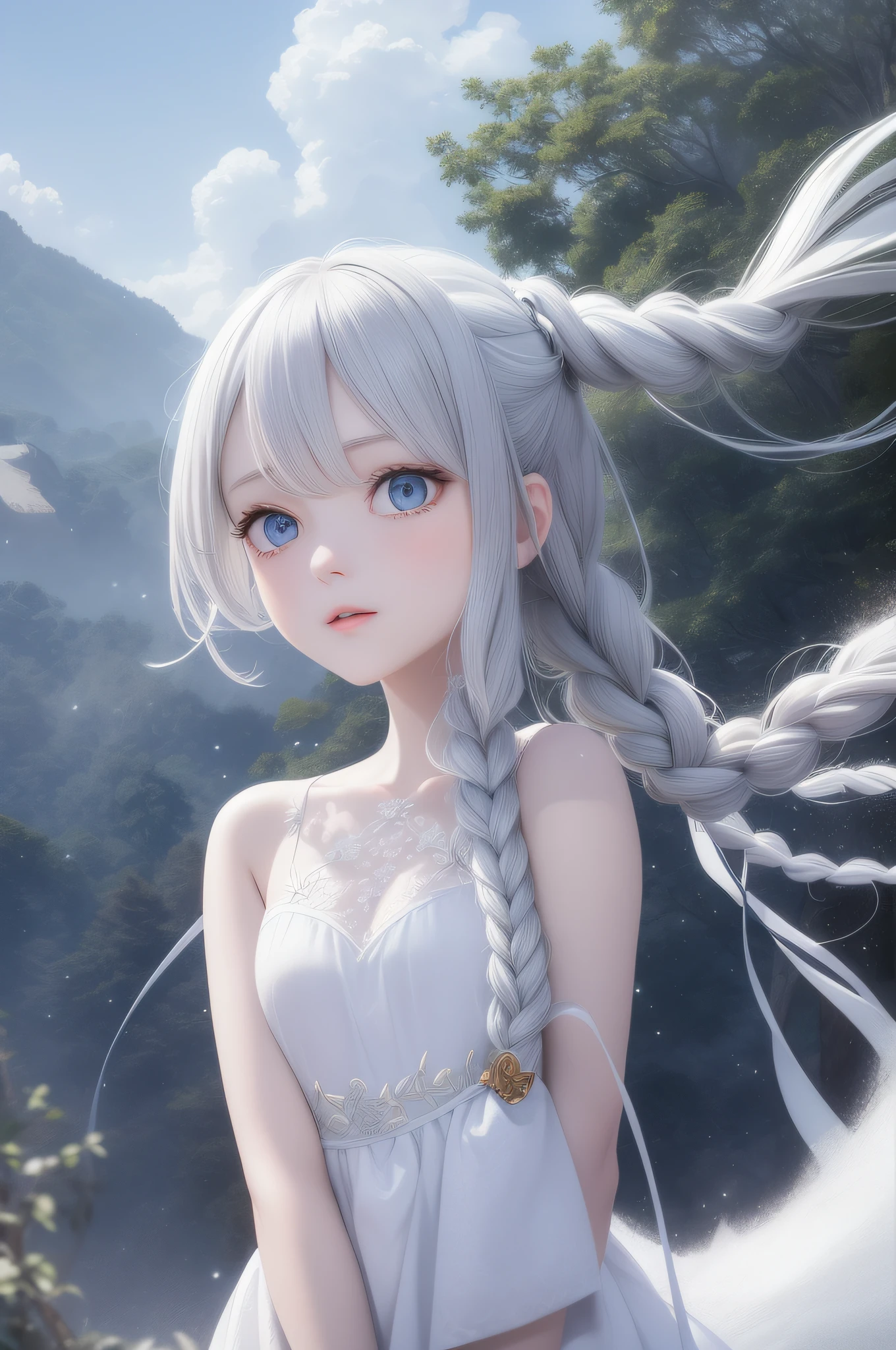 The ultimate masterpiece，Perfect image quality，Gray hair pure blue，Golden eyes twinkle，White clothes flowing，Looking Up The Sky，Upper body or whole body display，Hair flutters like a waterfall，Skin as fair as snow，The side braid swings gracefully。