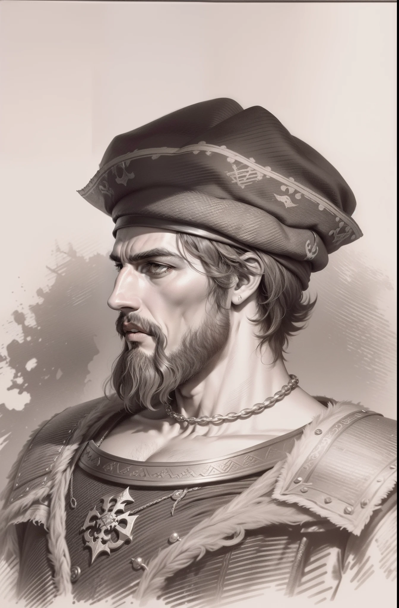 Vicente Sodre, Pirate elements on clothes, threatening, 16th century, renaissance, age of exploration, AGE oF 35, middle-aged,Weathered, warlike, man, Portuguese, navigator, armor, ill-fated, ugly, daring, brave, ignorant, energetic, ready to fight