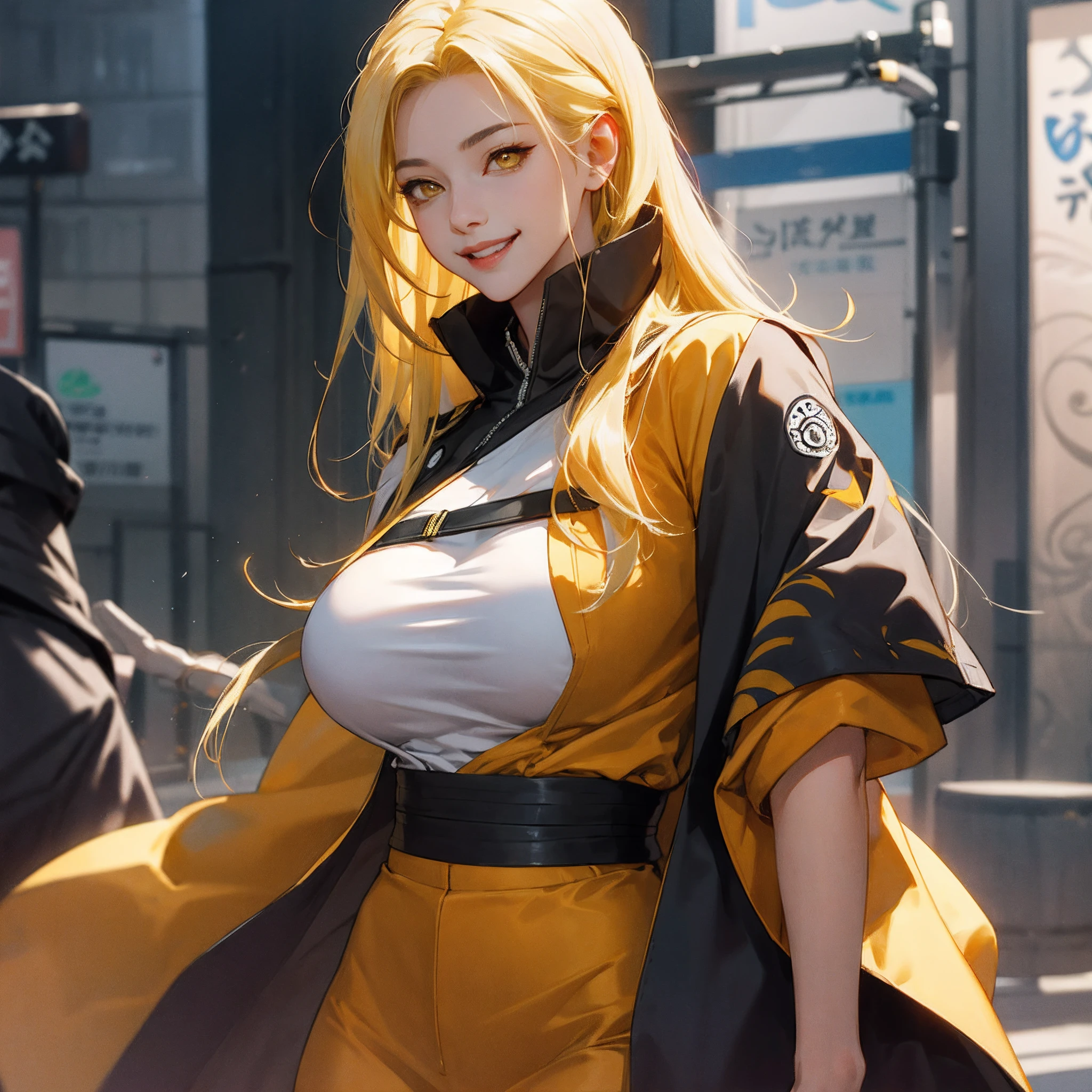 1girll, anime big breast《Naruto》Tsunade in Na, Long hair, Yellow hair, Yellow eyes, Smile, Beautiful, Sexy dress, Sexy clothes, gray clothes, very Bigger breasts, Realistic clothes, Detail Clothing, Outdoor background, Ultra detail, Q version