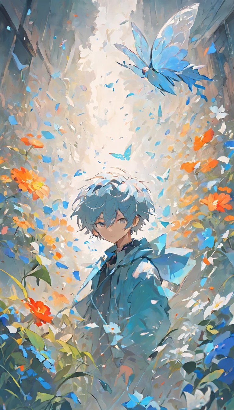 Blooming flowers flutter in the wind,The boy in the flower,Light blue and silver design,Pay attention to the texture of the skin and flowers,Sony FE 12-24mm F/2.8 gm,Impressionist garden,Proficient in calligraphy,eco-friendly craftsmanship,Brush stroke exploration
