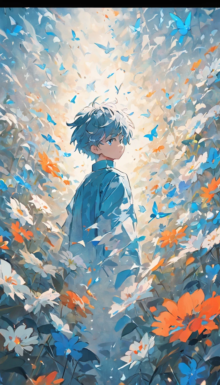 Blooming flowers flutter in the wind,The boy in the flower,Light blue and silver design,Pay attention to the texture of the skin and flowers,Sony FE 12-24mm F/2.8 gm,Impressionist garden,Proficient in calligraphy,eco-friendly craftsmanship,Brush stroke exploration
