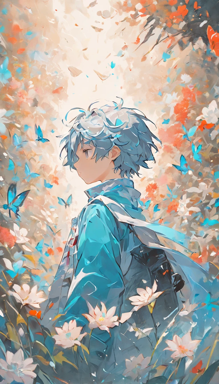 Blooming flowers flutter in the wind,The boy in the flower,Light blue and silver design,Pay attention to the texture of the skin and flowers,Sony FE 12-24mm F/2.8 gm,Impressionist garden,Proficient in calligraphy,eco-friendly craftsmanship,Brush stroke exploration