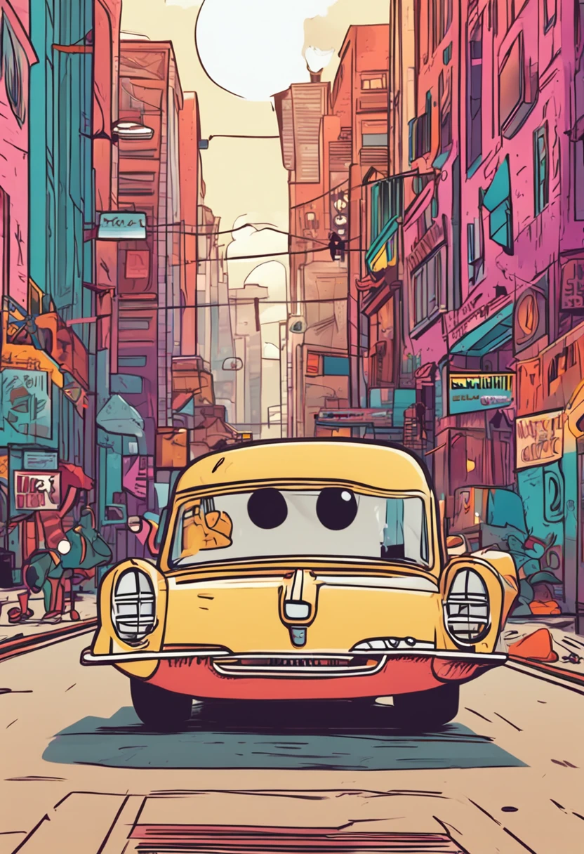 Cartoon ride-hailing，on  back，Drive on the road，estilo cartoon 3d