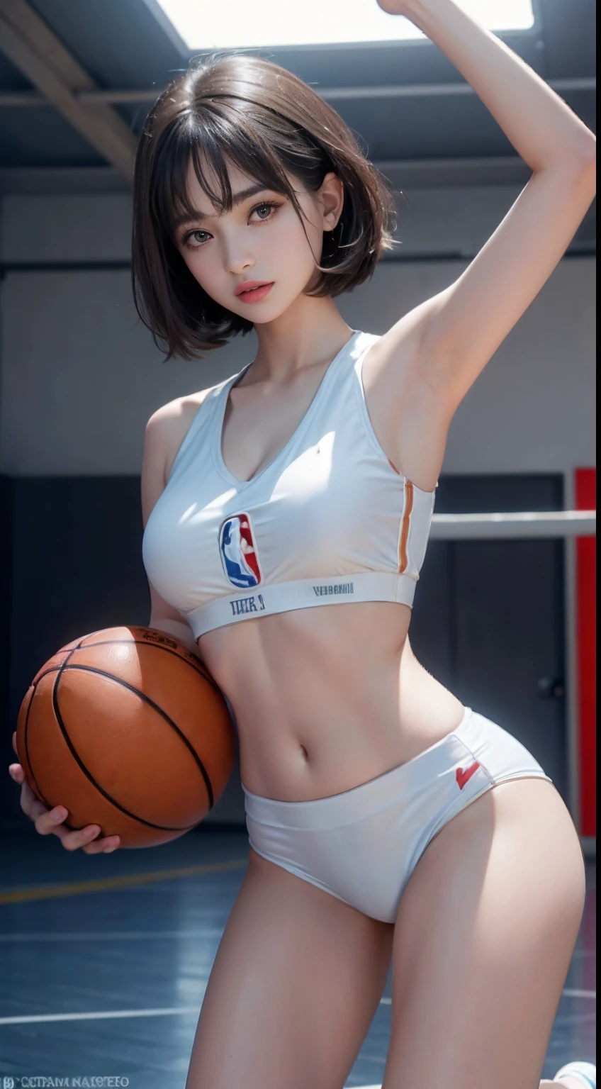 （RAW photos，4K，tmasterpiece，A high resolution，extremly intricate）（realisticlying：1.4），Cinematic lighting Delicate girl with facial features
1 Girl， Single focus， Full body like，Summer noon， Playing the Basketball，Play basketball pose，thermography， 1990's\（styled\），White skin，(Bigchest，cleavage)， (Best quality), (A high resolution), (An extremely delicate and beautiful),,(Beautiful 8k face),(Brown eyes),(Ulzzang-6500:1.0),(Large breasts),(NBA),(Basketball sportswear),((Play basketball)),((gymnasium)),((Speed)),(reality),（jiayi：1.5）， closeup cleavage， tmasterpiece， best qualtiy， RAW photogr， realisticlying， the face， Incredibly Ridiculous res， beuaty girl， adolable， short detailed hair， depth of fields， A high resolution， ultra - detailed， finedetail， The is very detailed， Extremely detailed eyes and face， Sharp pupils， realistic pupil， tack sharp focus， cinmatic lighting