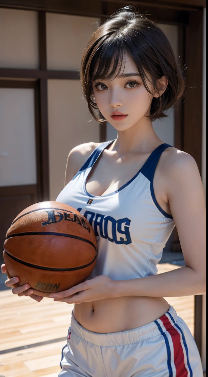 (RAW photos,4K,tmasterpiece,A high resolution,extremly intricate)(realisticlying:1.4),Cinematic lighting Delicate girl with facial features
1 Girl, Single focus, Full body like,Summer noon, Playing the Basketball,Play basketball pose,thermography, 1990's\(styled\),White skin,(Bigchest,cleavage), (Best quality), (A high resolution), (An extremely delicate and beautiful),,(Beautiful 8k face),(Brown eyes),(Ulzzang-6500:1.0),(Large breasts),(NBA),(Basketball sportswear),((Play basketball)),((gymnasium)),((Speed)),(reality),(jiayi:1.5), closeup cleavage, tmasterpiece, best qualtiy, RAW photogr, realisticlying, the face, Incredibly Ridiculous res, beuaty girl, adolable, short detailed hair, depth of fields, A high resolution, ultra - detailed, finedetail, The is very detailed, Extremely detailed eyes and face, Sharp pupils, realistic pupil, tack sharp focus, cinmatic lighting