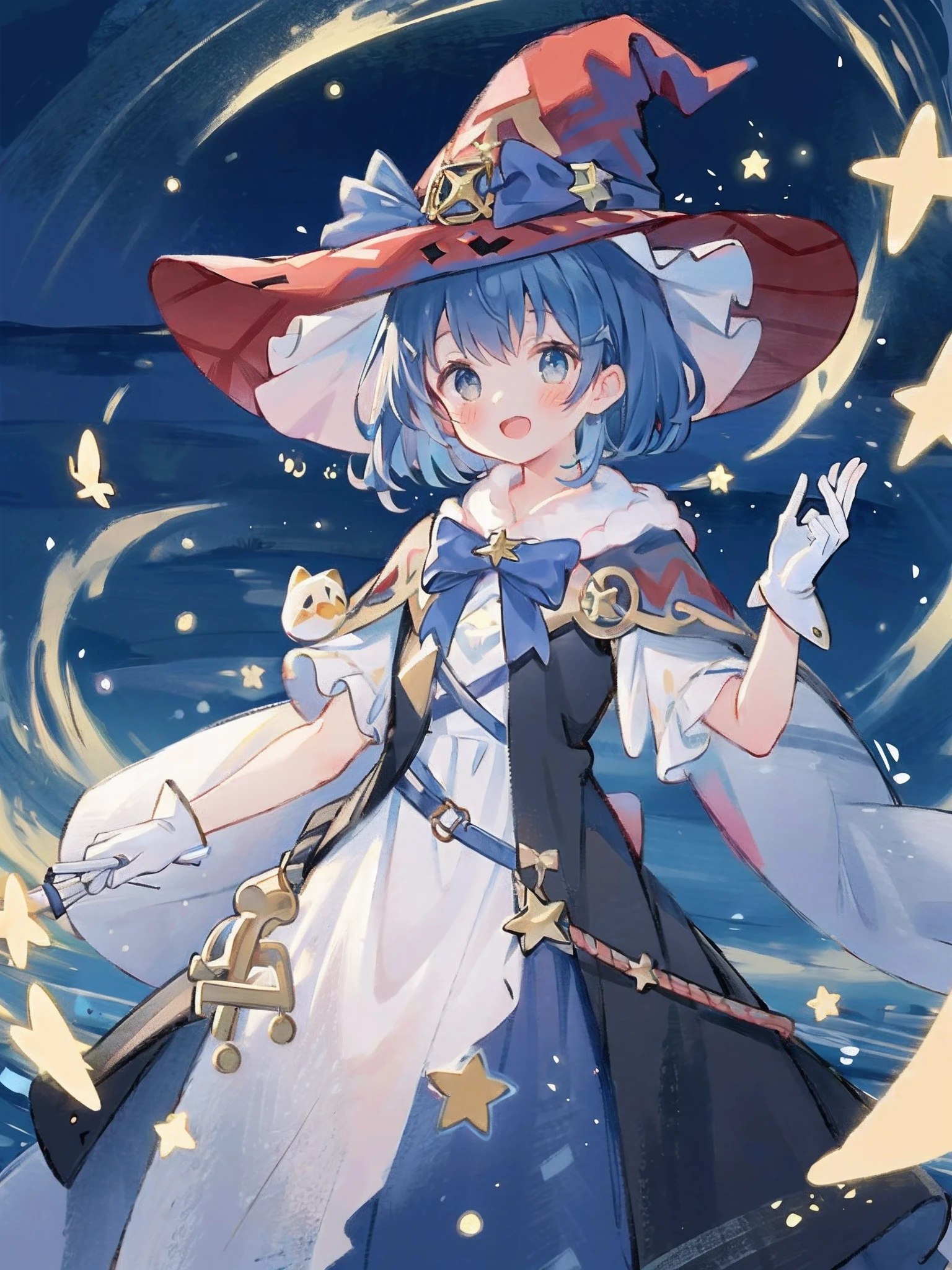 ((masterpiece:1.2, best quality)), 1girl, solo, (witch hat), a close up of a girl with short blue hair, short hair, dress, aurora, night, star (sky), gloves, sky, white dress, night sky, open mouth, starry sky, light blue eyes, ribbon, very shorthair, red dress, smile, hair ribbon, cape, blue hair, (bird), magic, casting spell, dark clouds, night, (impressionism:1.4), alphonse mucha,