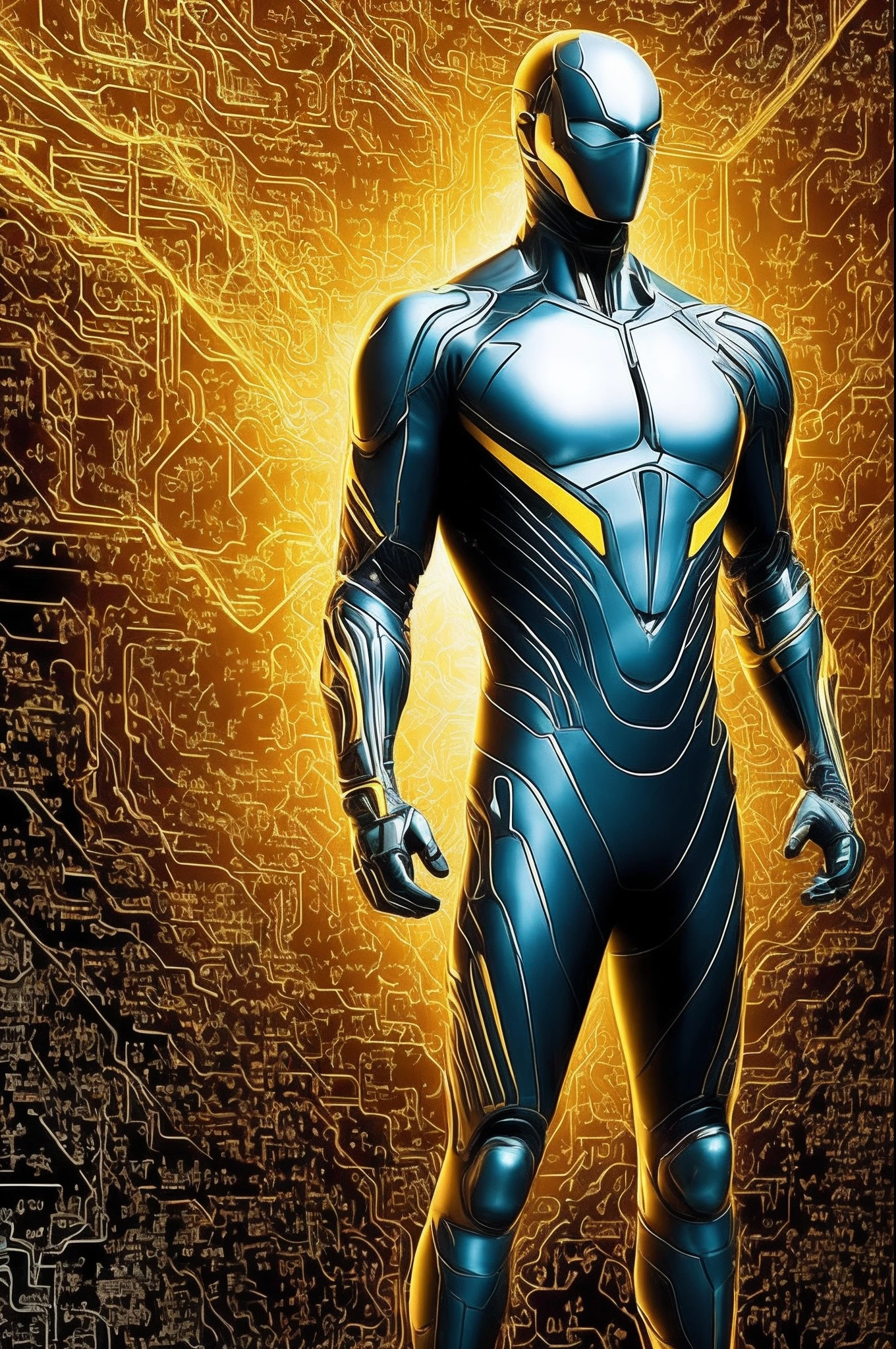 Quantum Engineer": Desenhe um NFT realista apresentando o "Quantum Engineer", A hero who explores the world of quantum physics. His appearance includes a metallic suit in yellow and black, with extended quantum wave patterns. It is surrounded by equations and information structures, Encapsulating your focus on cutting-edge science.