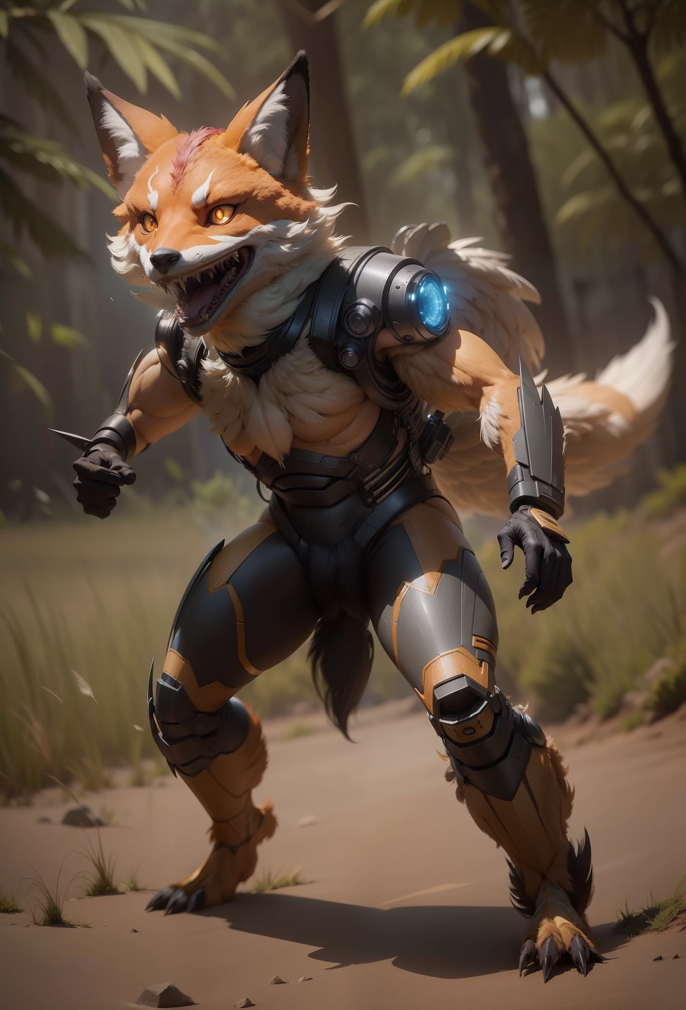 Sci fi humanoid creature with the feathers of a fox and mutant traits similar to rocket grinning teeth real photography, natural light, photorealism, cinematic rendering, ray tracing, the highest quality, the highest detail, Cinematic, Third-Person View, Blur Effect, Long Exposure, 8K, Ultra-HD, Natural Lighting, Moody Lighting, Cinematic Lighting