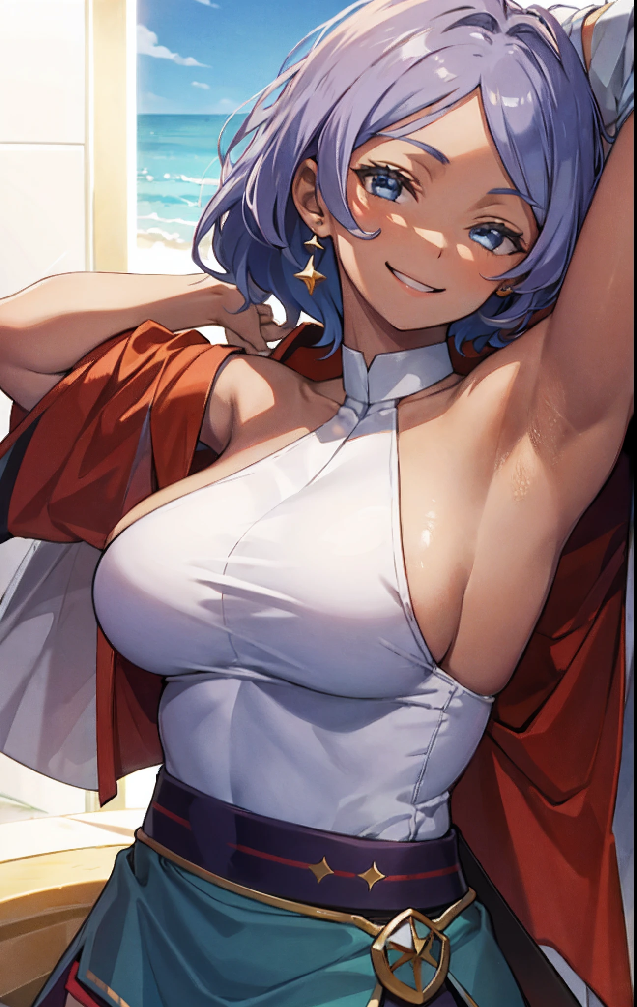 Secelia Dote, presenting armpit, smile, arm behind head, side boob, under boobs