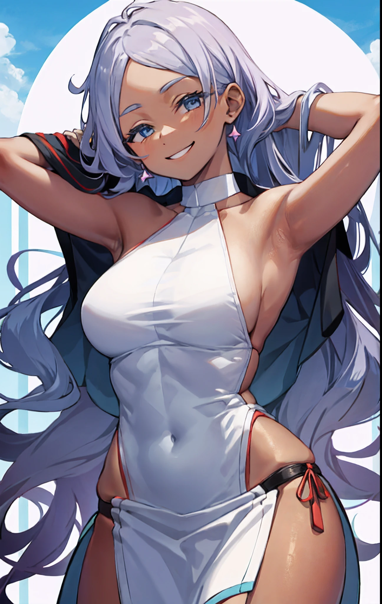Secelia Dote, presenting armpit, smile, arm behind head, side boob