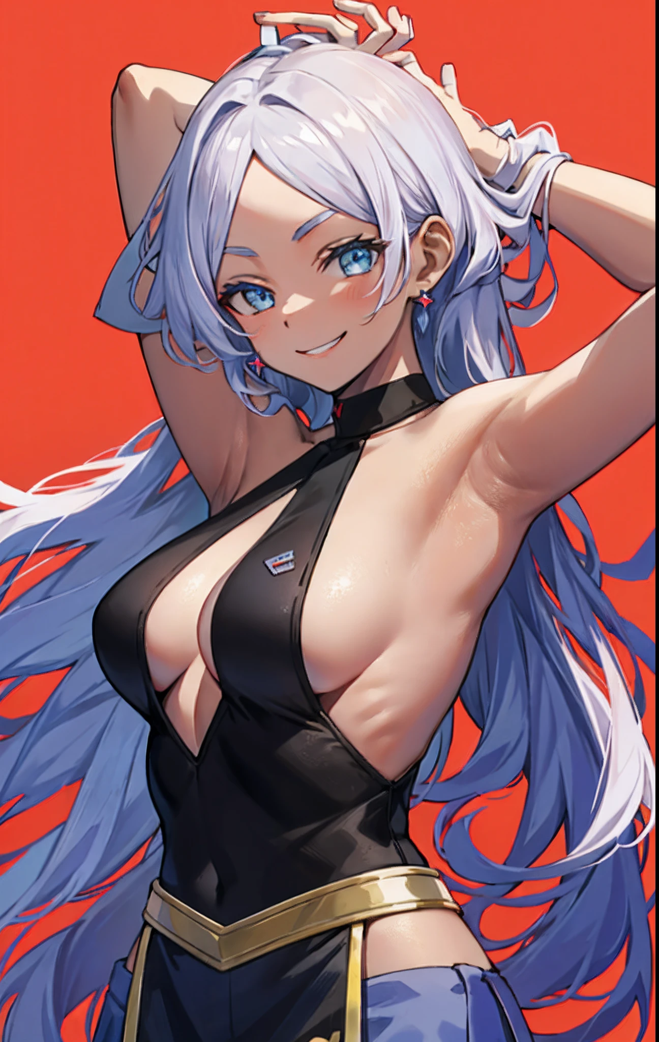 Secelia Dote, presenting armpit, smile, arm behind head, side boob