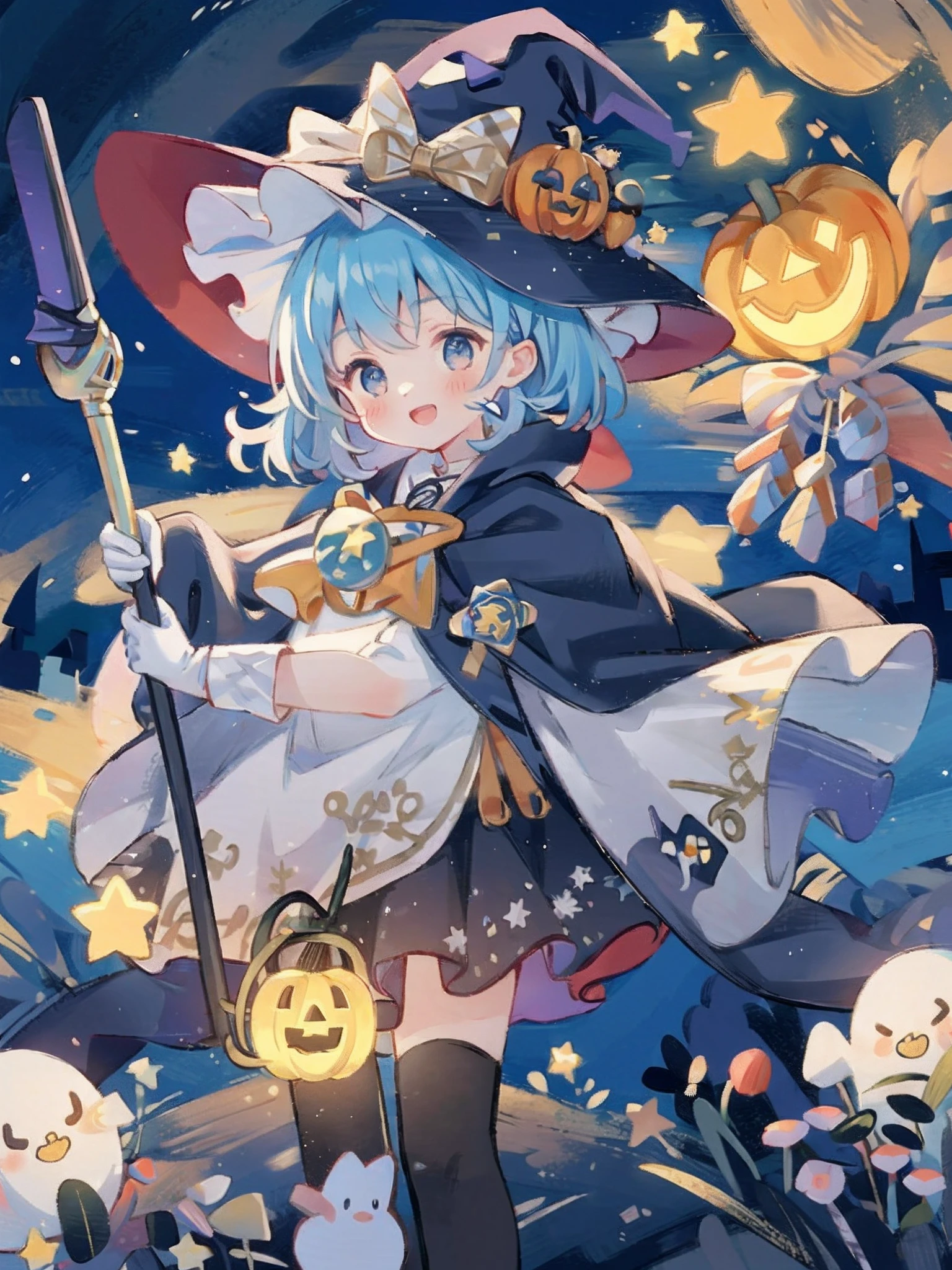 ((masterpiece:1.2, best quality)), 1girl, solo, (witch hat), a close up of a girl with curl hair, short hair, dress, aurora, night, star (sky), gloves, sky, dress, night sky, open mouth, starry sky, light blue eyes, ribbons, smile, cape, blue hair, magic, casting spell, night, (impressionism:1.4), alphonse mucha, Halloween colors, colorful candy