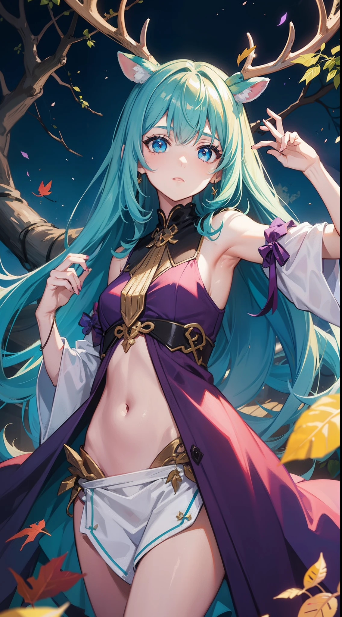 young girl, long purple hair, Cyan eyes, Deer antlers, confusion, Clothes made of leaves, Sleeveless, open belly, Masterpiece, hiquality