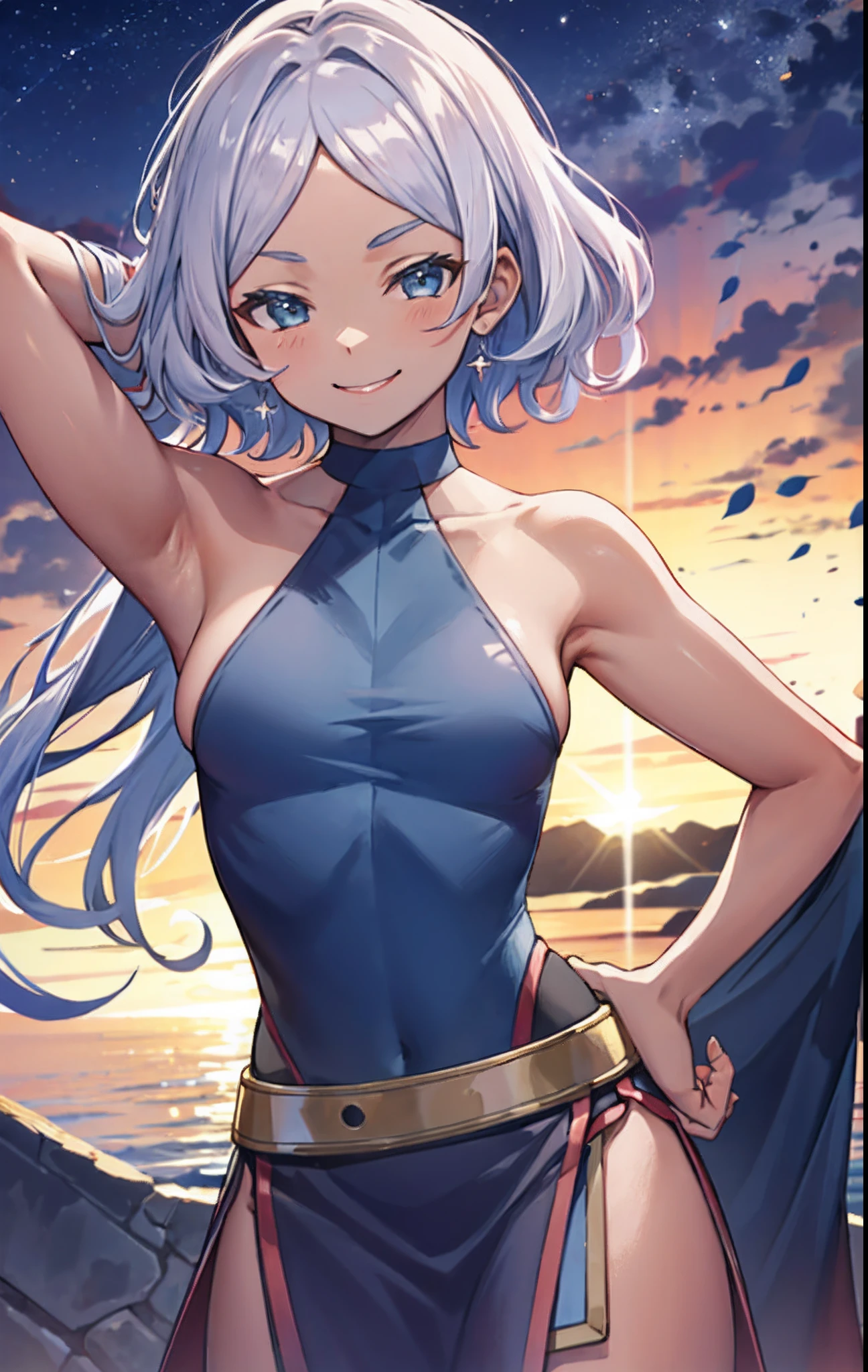 Secelia Dote, presenting armpit, smile, arm behind head, side boob