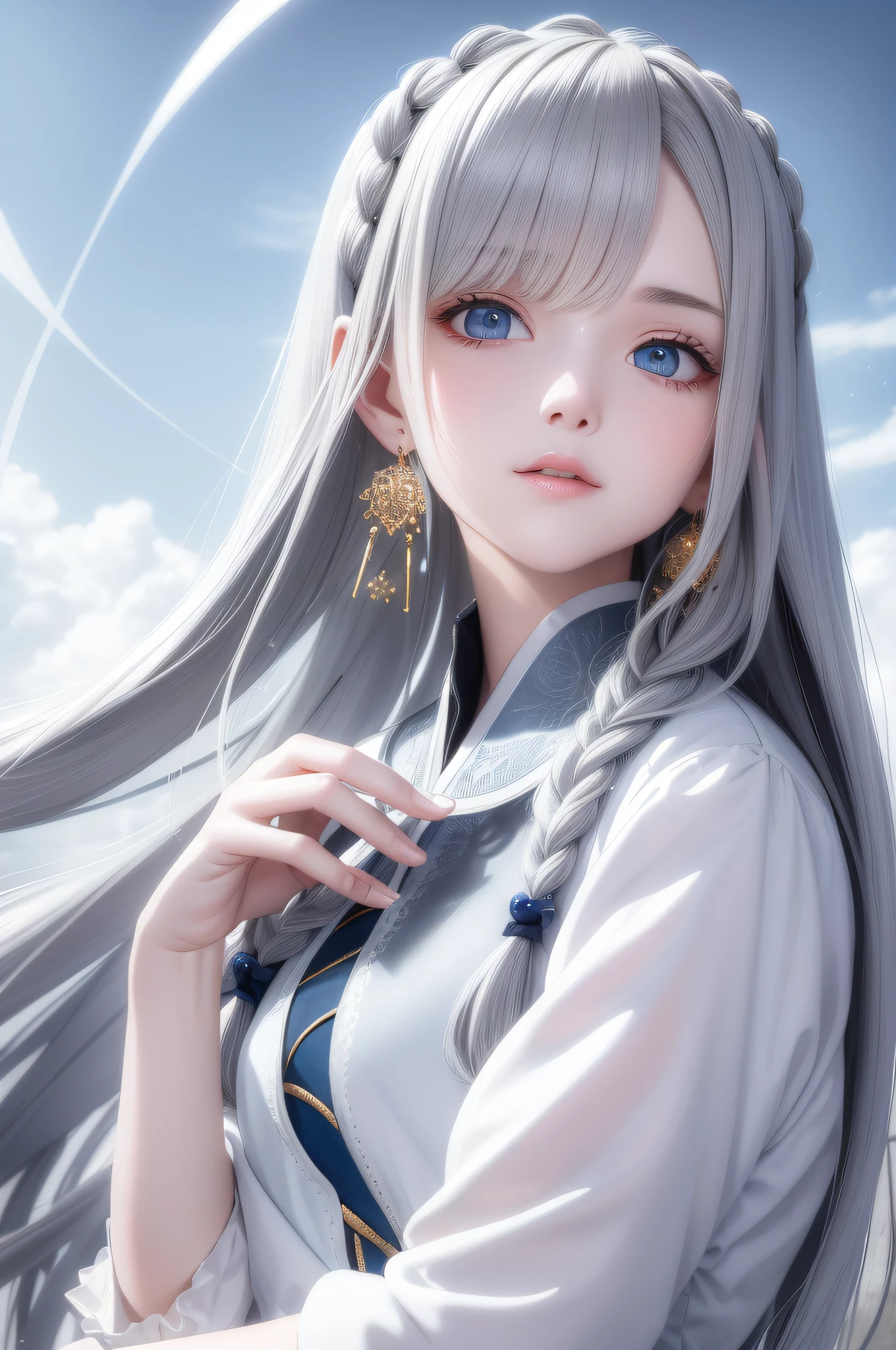 The ultimate masterpiece，Perfect image quality，Gray hair pure blue，Golden eyes twinkle，White clothes flowing，Looking Up The Sky，Upper body or whole body display，Hair flutters like a waterfall，The skin is as fair as snow，The side braid swings gracefully。