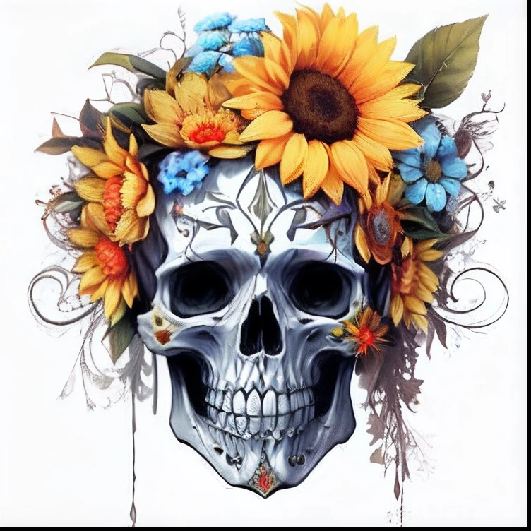 skull with sunflowers and leaves on it's head, with a crown of skulls, profile pic, fantasy skull, sugar skull, skull tattoo, sacred skull, scary detailed art in color, skull paint, skull bones flowers, day of the dead, day of all the dead, a full-color airbrushed, calavera, profile image, death skull