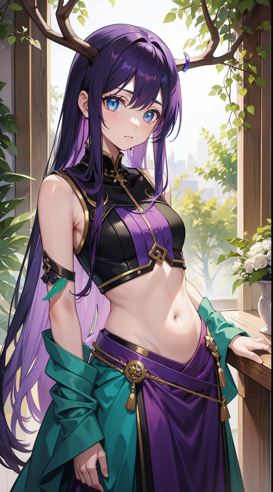 young girl, long purple hair, Cyan eyes, Deer antlers, confusion, Clothes made of leaves, Sleeveless, open belly, Masterpiece, hiquality