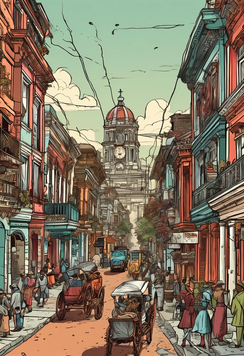 Detailed comic style of Victorian Colombia, Street with pedestrian traffic