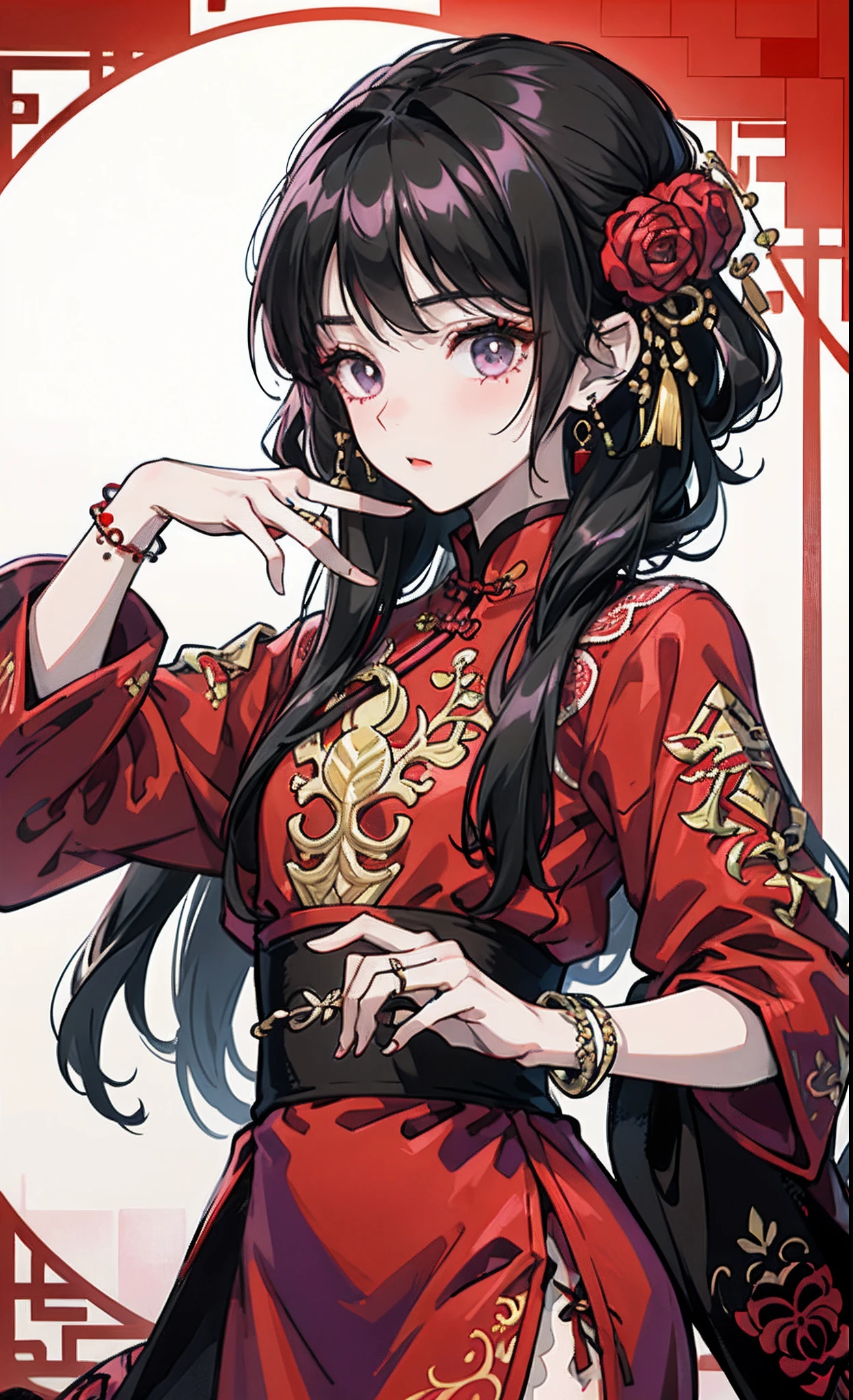 A seventeen or eighteen-year-old girl，Inky black hair
Scattered behind，Purple lace threads dangle a small strand of hair in the ear
side，The red shirt is covered by a checkered lace gift
wear，Bai Xuan's wrist was covered with beautiful bracelets，little finger
He also wore a silver ring without any embellishment