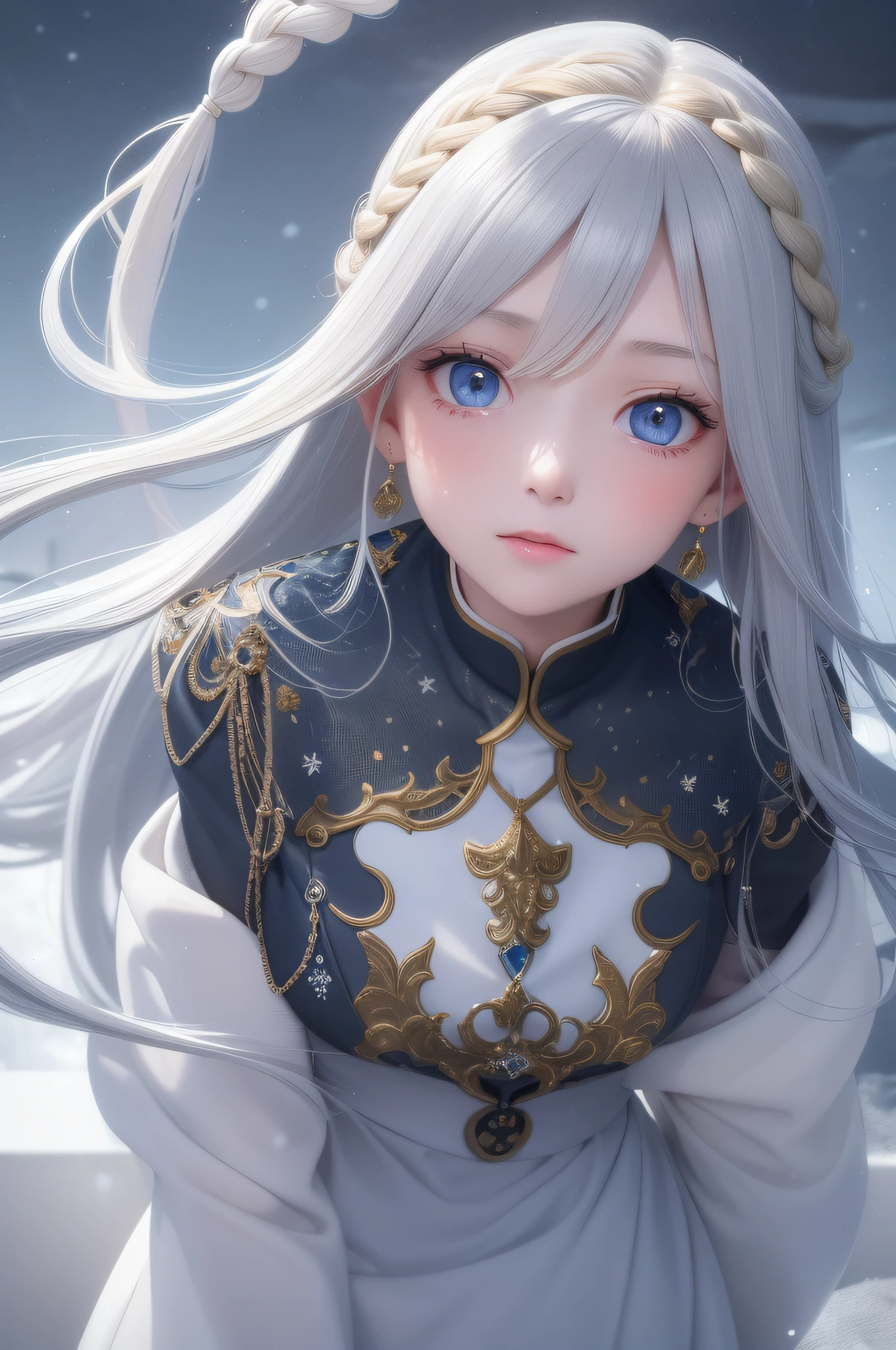 The ultimate masterpiece,Perfect image quality,Gray hair pure blue,Golden eyes twinkle,White clothes flowing,Looking Up The Sky,Upper body or whole body display,Hair flutters like a waterfall,The skin is as fair as snow,The side braid swings gracefully。