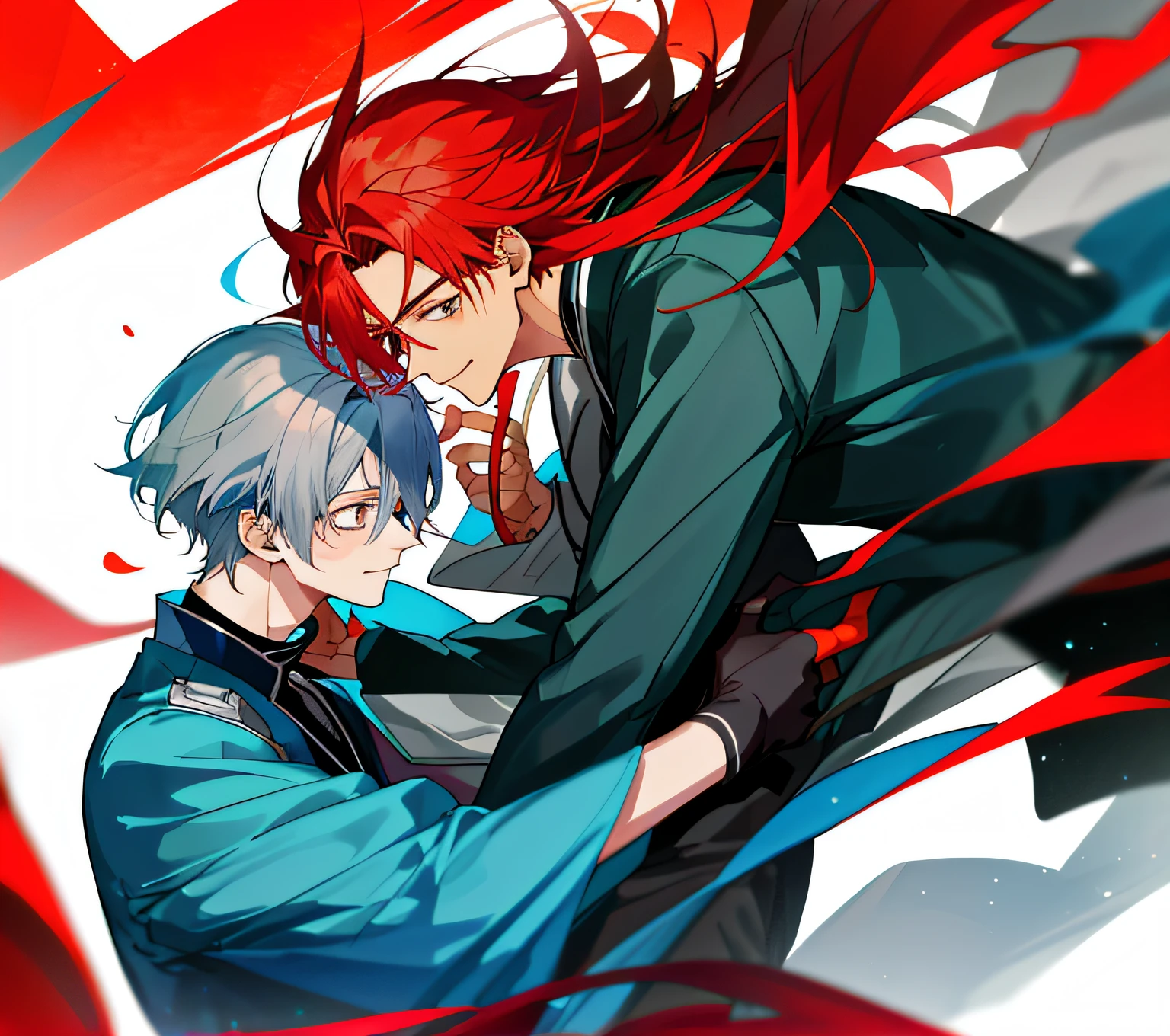 two anime handsome men,The action is intimate，A red hair，A blue-gray hair，The clothes are warm colors for couples，The age is 18，style of anime，Don't be too mature，orthofacial，The expression is a smile，Don't be realistic，Manhwa Style，Two boys，