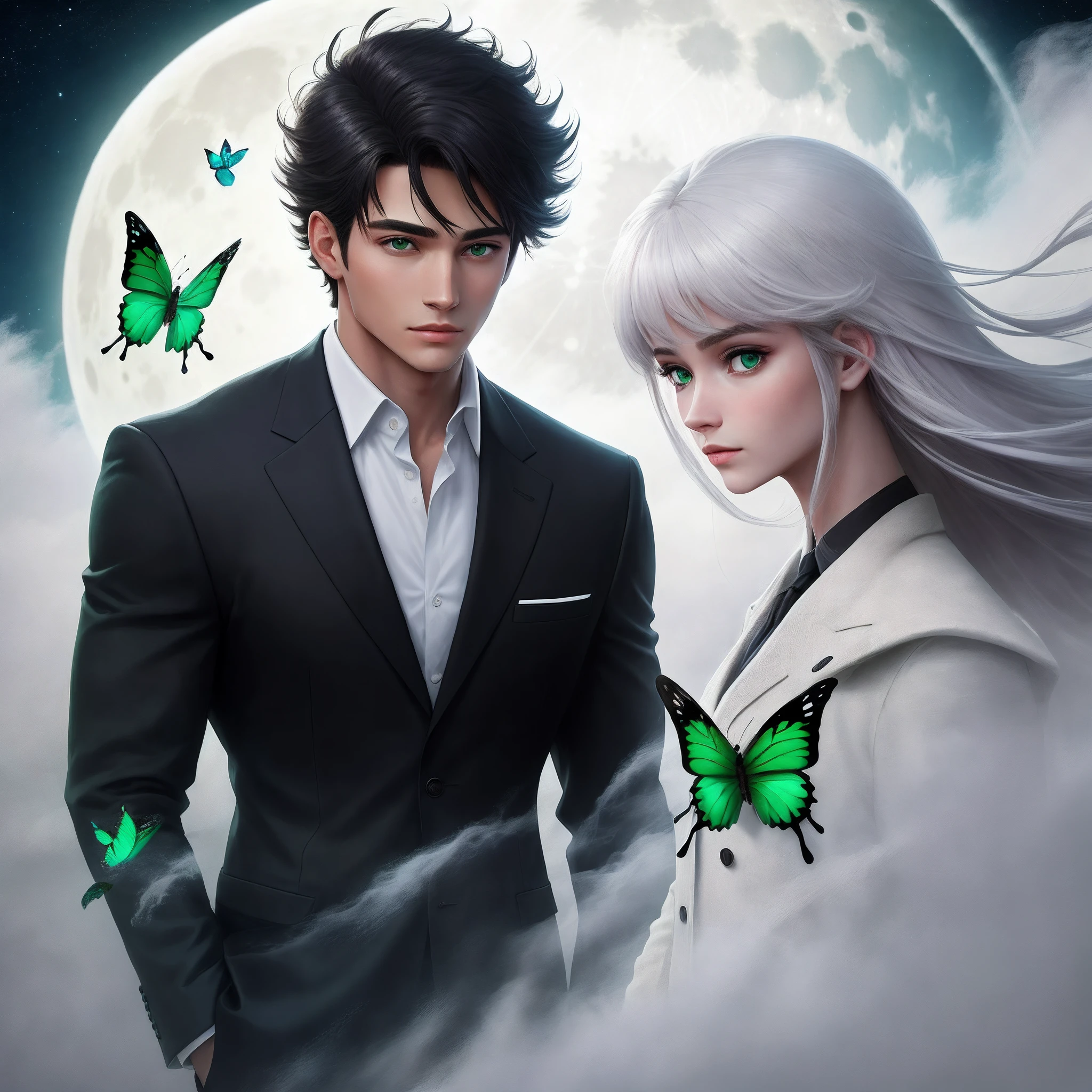 cabelos preto e longos,Green-eyed youth,Good-looking,Two-dimensional characters,Black suit coat,Clean appearance,White fog moon on background,Green butterfly