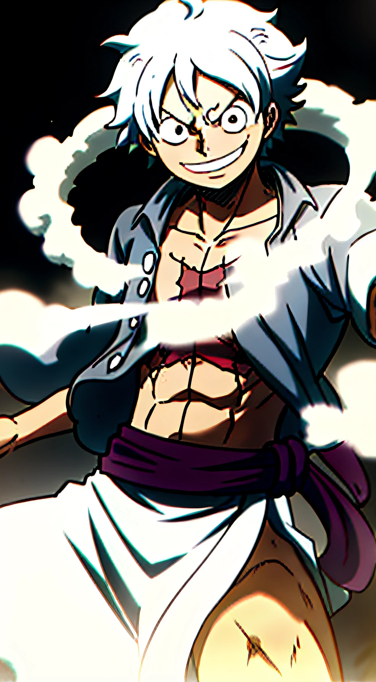 1boy, wanostyle, monkey d luffy, Smiling, Straw hat, large scene, full bodyesbian，Sketch, Dark intense shadows, Sharp focus, Soft lighting,well-composed, Smoke all around, Spectacular, Closed shirt, Anime screencap, Scar under the left eye, Outdoors, Five gears，white color hair，The whole body is surrounded by blue and white smoke