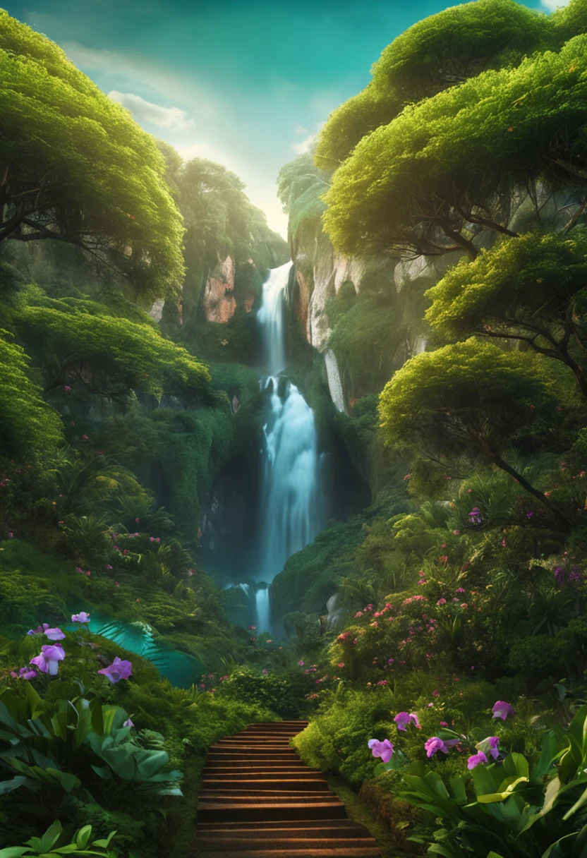A dream fairy in a land of imagination. Lugar encantador com uma bela paisagem. Montanhas, cachoeira, rios e lagos. Uma linda lua entre as nuvens. A forest with beautiful trees. Uma fada bela, linda de olhos verdes.