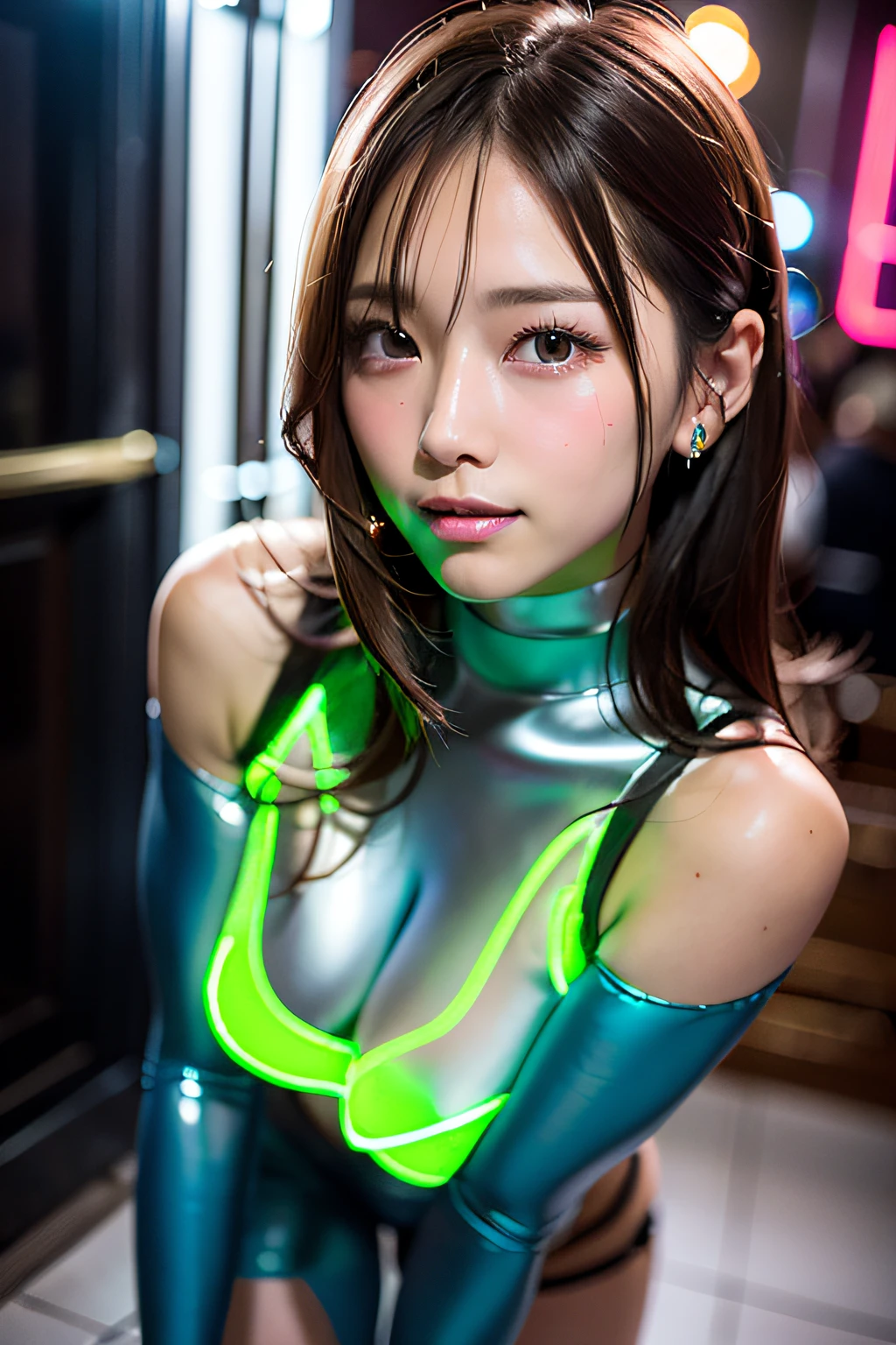 (masterpiece:1.3), high resolution, ultra detailed, extremely detailed CG unity 8k wallpaper, realistic, photo-realistic, RAW photo, beautiful detailed face, pale skin, realistic glistening skin, detailed cloth texture, detailed hair texture, Perfect body, Beautiful Face, accurate, Anatomically correct, Highly detailed face and skin texture, natural neck length, (beautiful hands), (fair skin:1.2), Sweaty skin:1.2, Thin legs, Thin feet, Sexy thighs, Sweaty skin:1.1,
BREAK,
Detailed eyes, symmetric eyes, Light Brown eyes, Double eyelids, Thin eyebrows, (Glossy lips:1.4), ((Pretty smile:1.2)), (blush:1.2),
BREAK,
(A Very Cute girl:1.3), (Wearing a Blue neon color body suits:1.2),
(large breasts:1.1), (firm breast, nicely shaped breasts, slender figure:1.2), firm abs,
(Dark blonde hair, wavy hair, medium long hair:1.2), ((asymmetrical bangs:1.2)), (Upper body shot:1.2), (looking up at viewer:1.2),
BREAK,
((Standing with pretty pose that leaning forward:1.2)), (In front of entrance of super erotic nightclub at night:1.2),
BREAK,
((Blue neon lights:1.3)),