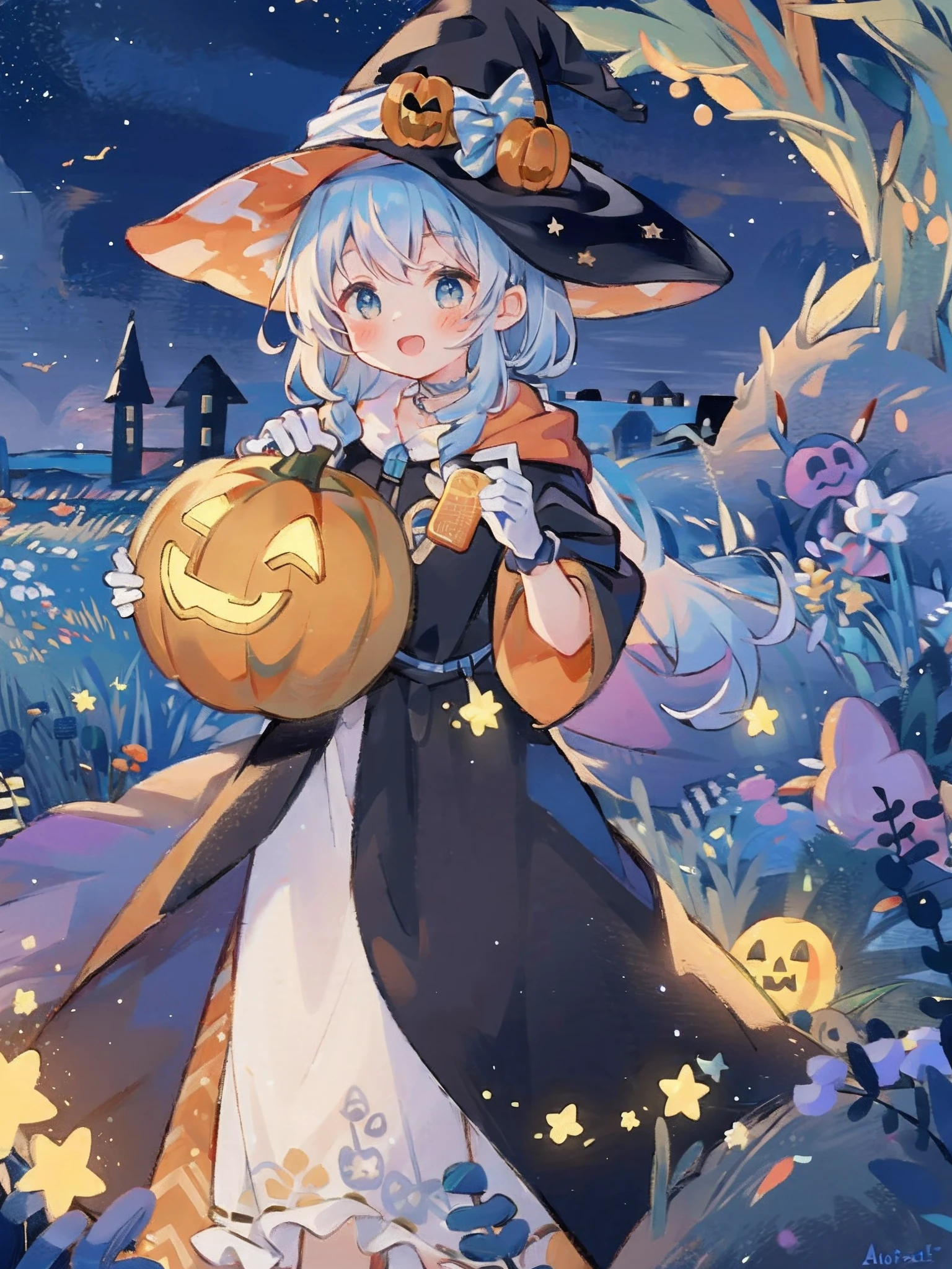((masterpiece:1.2, best quality)), 1girl, solo, (witch hat), a close up of a girl with curly hair, dress, aurora, night, star (sky), gloves, sky, dress, night sky, open mouth, starry sky, light blue eyes, ribbons, smile, cape, colorful hair, magic, casting spell, night, (impressionism:1.4), alphonse mucha, Halloween colors, colorful candy, magical lights, pumpkins, candies