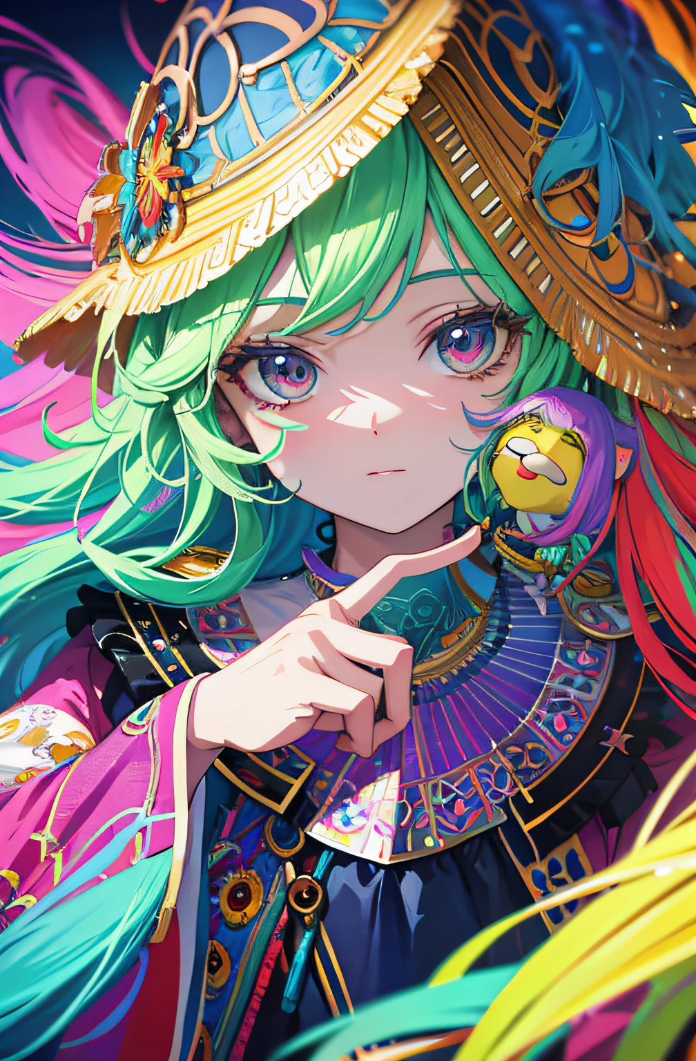 A vibrant, detailed portrait of ABBA as a Muppet, surrounded by a kaleidoscope of colors and textures, extremely detailed and realistic, professional color grading, soft shadows, no contrast, clean sharp focus, film photography, shot on Fuji Astia film