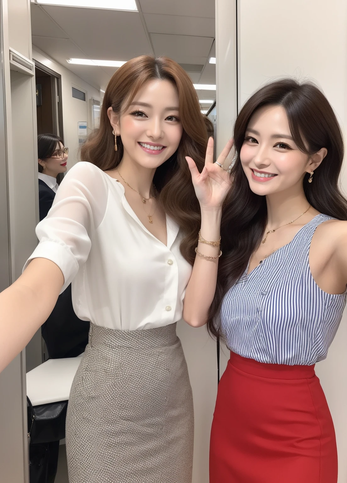 "Playful image of Reiko and Chieri taking selfies together in the office of two confident Japan women in their 40s. Both are dressed in stylish office wear and create a fun and friendly atmosphere.

Reiko with honey blonde voluminous curls wears a bright gal-style blouse with bold prints and a high-waisted skirt. Her makeup is dramatic – bronze-toned eyeshadows, heavily lined eyes, and brightly colored shiny lips. Her I-cup bust is accentuated by a blouse, and she wears her signature heart-shaped necklace.

Chieri, who has straight, shoulder-length black hair, wears a more conservative yet equally stylish outfit. She wears a white blouse and pencil skirt, and her style is simple but elegant. Her makeup is subtle and features neutral tones, complementing her more reserved persona. She also wears a matching heart-shaped necklace.

The two women are standing nearby, tilting their heads together and having bright smiles on their faces as they pose for selfies. Adorned with bold and fashionable jewelry and bright nails, Reiko's hands are holding her smartphone at an angle and taking the perfect shot.

The background is a busy office environment, but blurry and focuses on Reiko and Chieri's fun moments."