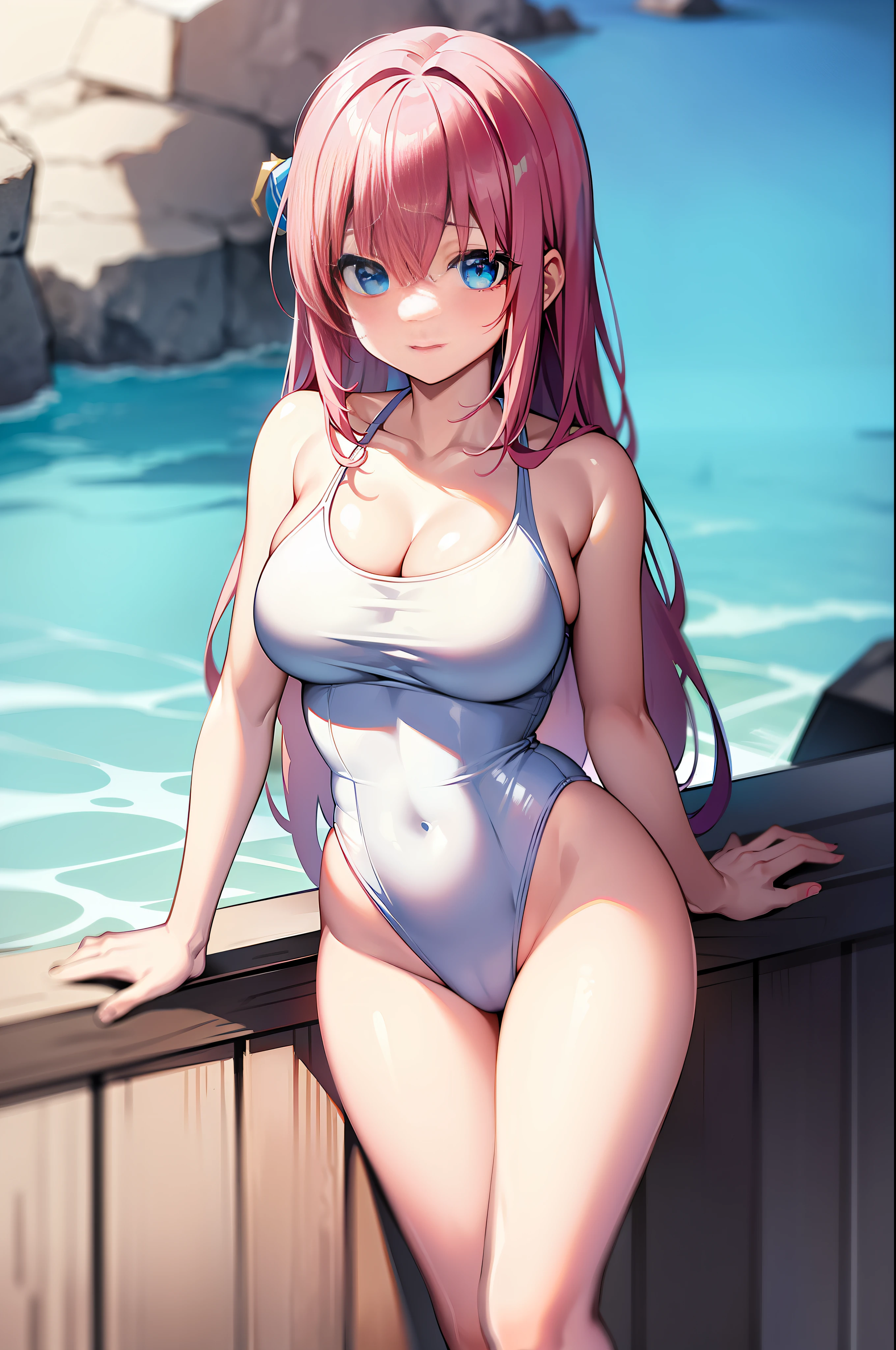 Bocchi the Rock, masterpiece, top quality, pink hair, blue eyes, white swimsuit, 1girl, big breasts