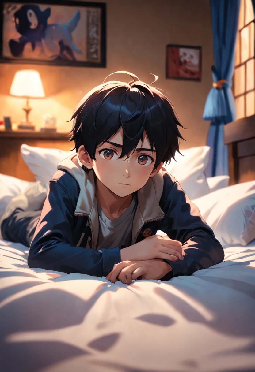 A -yeld bon a dark-haired vest lies on his stomach on the bed, high high quality, Clear focus (mess - house: 0.8), (tmasterpiece: 1.2) (realisticlying: 1.2) (Bokeh) (best qualityer) (Detailed skins: 1.3) (intricately details) (8K) (eye detailed) (foco nítido), (having fun) (a variety of poses) desenho