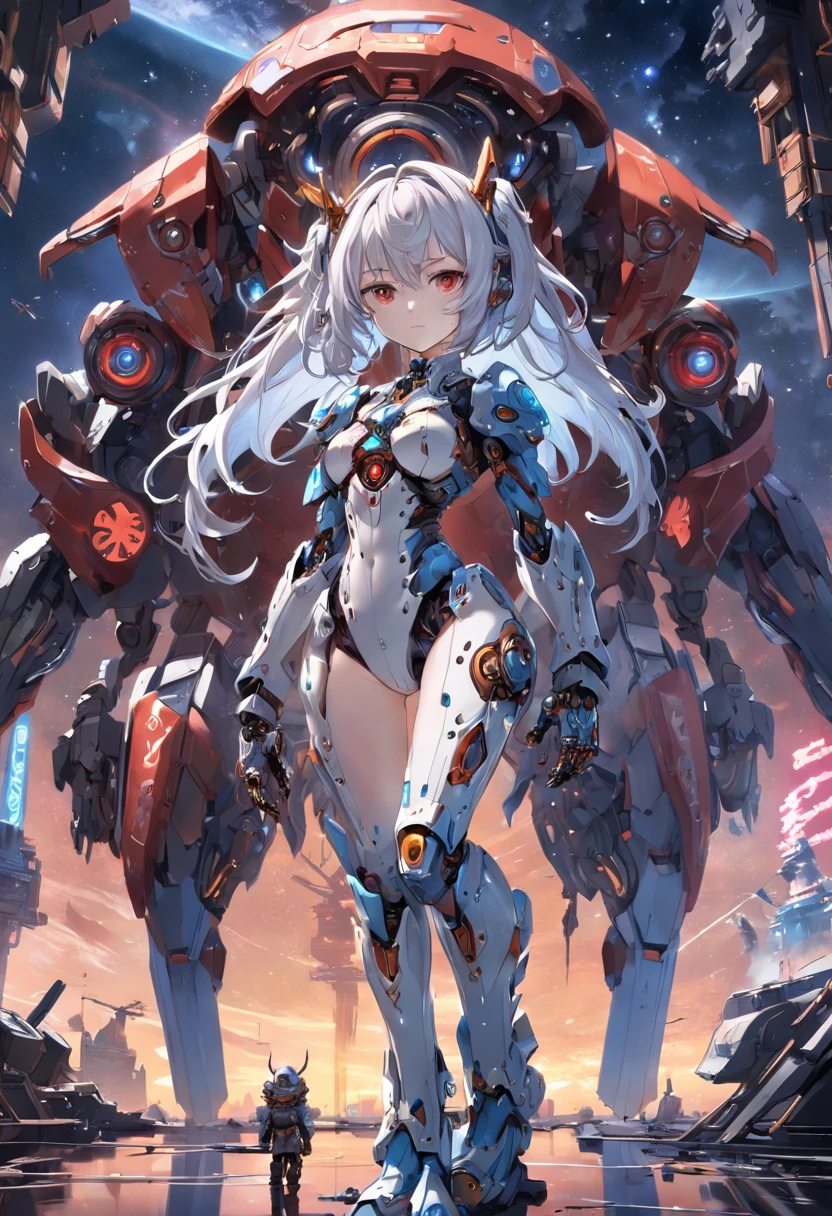 1girl, short white hair, furry ears, white robotic exterior, black mechanism inside, mechanical tail, red eyes, red lips, mechanism visible, repair hangar, cables connecting from hangar to body, mechanical arms repairing body, sparks, eyes closed, Full body view, best quality, 4k, 8k, highres, masterpiece, ultra-detailed, HDR, UHD, studio lighting, ultra-fine painting, sharp focus, physically-based rendering, extreme detail description, professional, vivid colors, bokeh, sci-fi