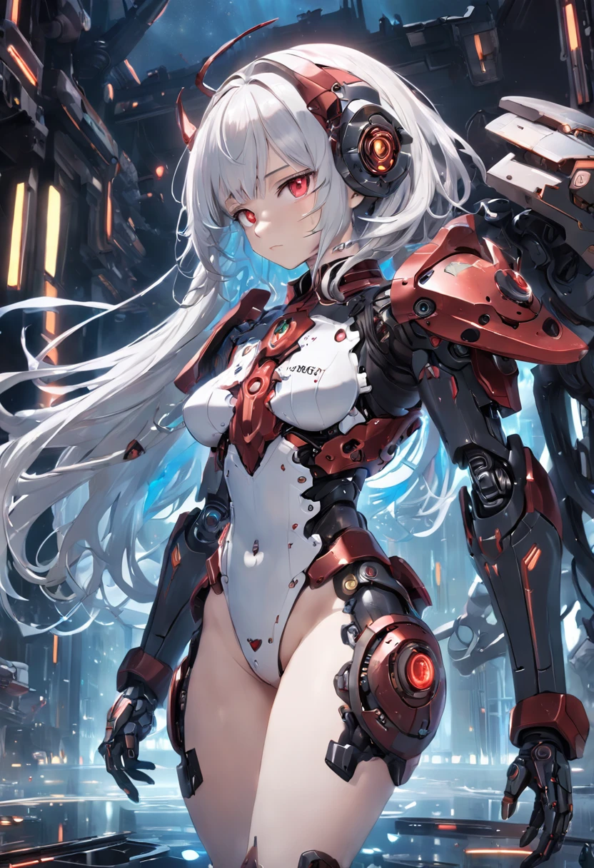 masterpiece,best quality,ultra-detailed,very detailed illustrations,extremely detailed,intricate details,highres,super complex details,extremely detailed 8k cg wallpaper,cowboy shot, caustics,reflection,ray tracing,demontheme,nebula,dark aura,cyber effect, (1girl:1.4),solo,alone,mecha musume,mechanical parts, robot joints,single mechanical arm, headgear, mechanical halo,star halo,intricate mechanical bodysuit, mecha corset, full armor, very long hair,white hair, hair between eyes, multicolored hair, colored inner hair, red eyes,glowing eye,eye trail, random expressions,random action, ancient japanese architecture,pond, starry sky,skyline,