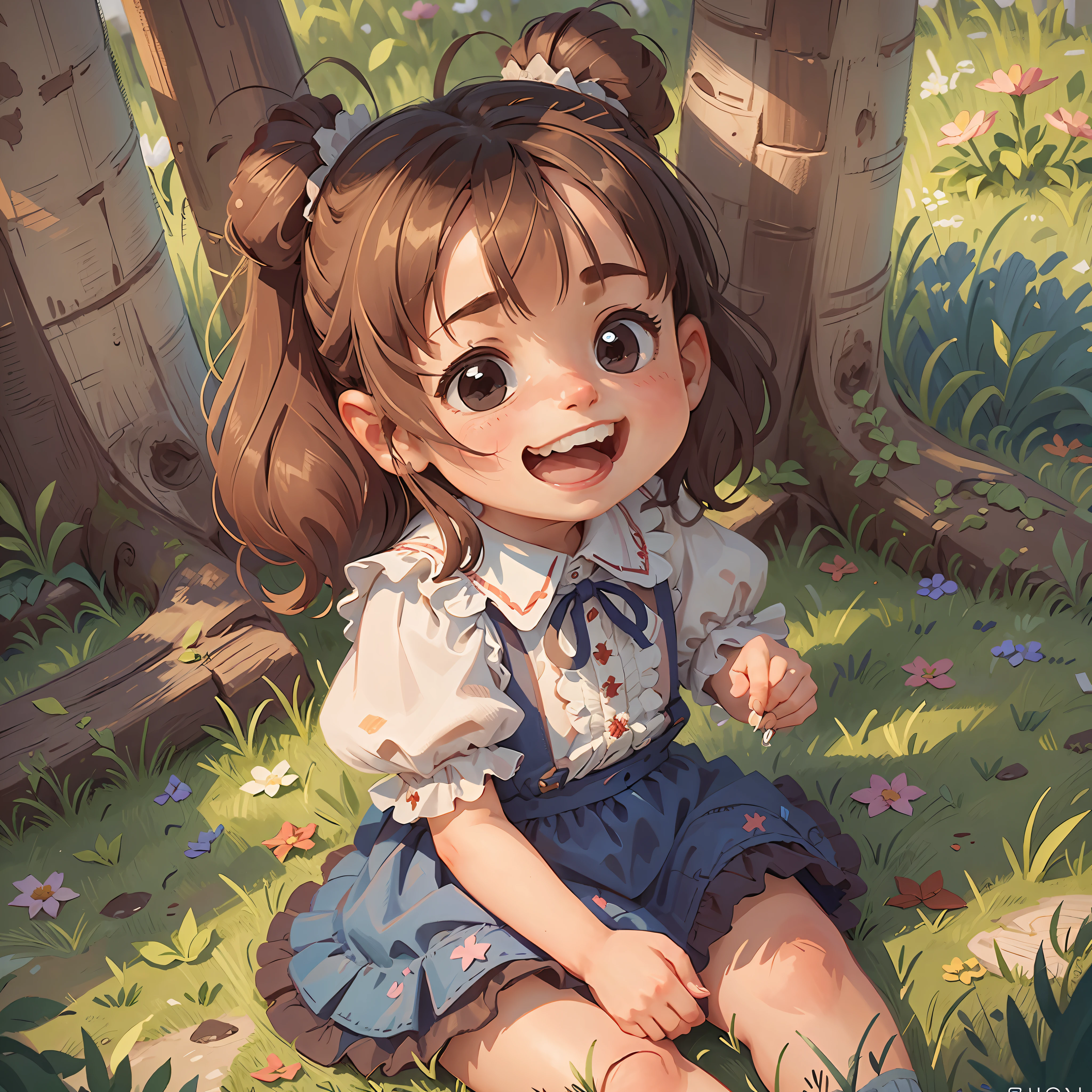 Best quality, masterpiece, UHD, a little girl sitting on the grass, frilled collar, she has a cute face, 2 years old, very cute and childish, laughing, showing teeth