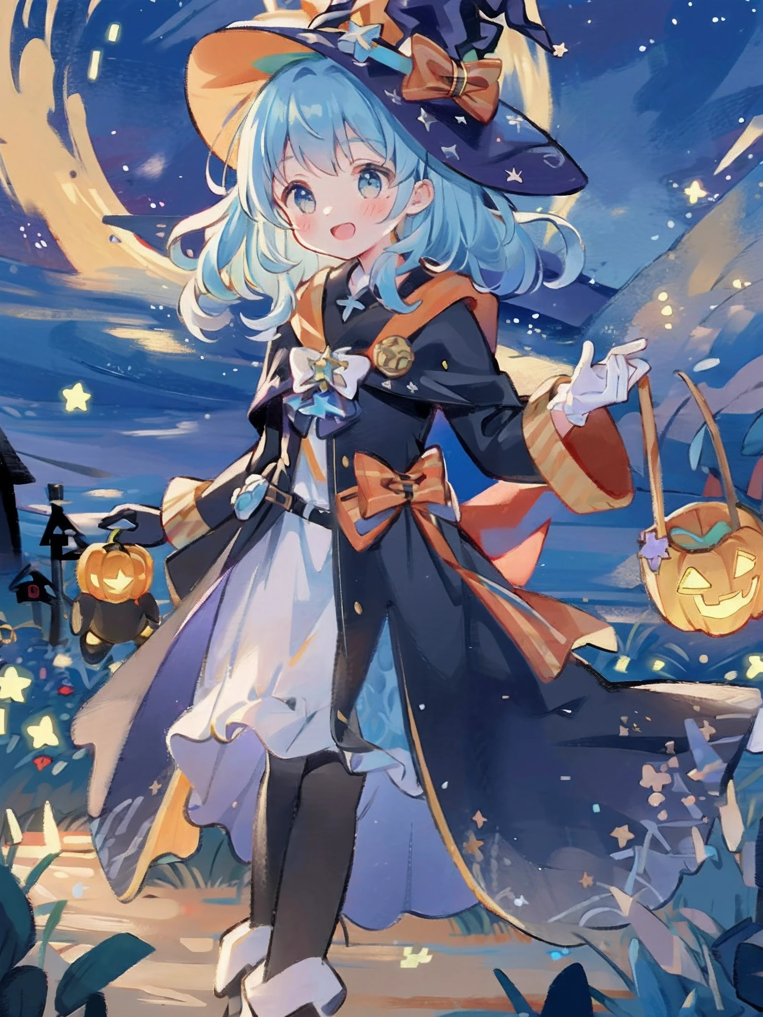 ((masterpiece:1.2, best quality)), 1girl, solo, (witch hat), a close up of a girl with curly hair, dress, aurora, night, star (sky), gloves, sky, dress, night sky, open mouth, starry sky, light blue eyes, ribbons, smile, cape, blue hair, magic, casting spell, night, (impressionism:1.4), alphonse mucha, Halloween colors, colorful candy