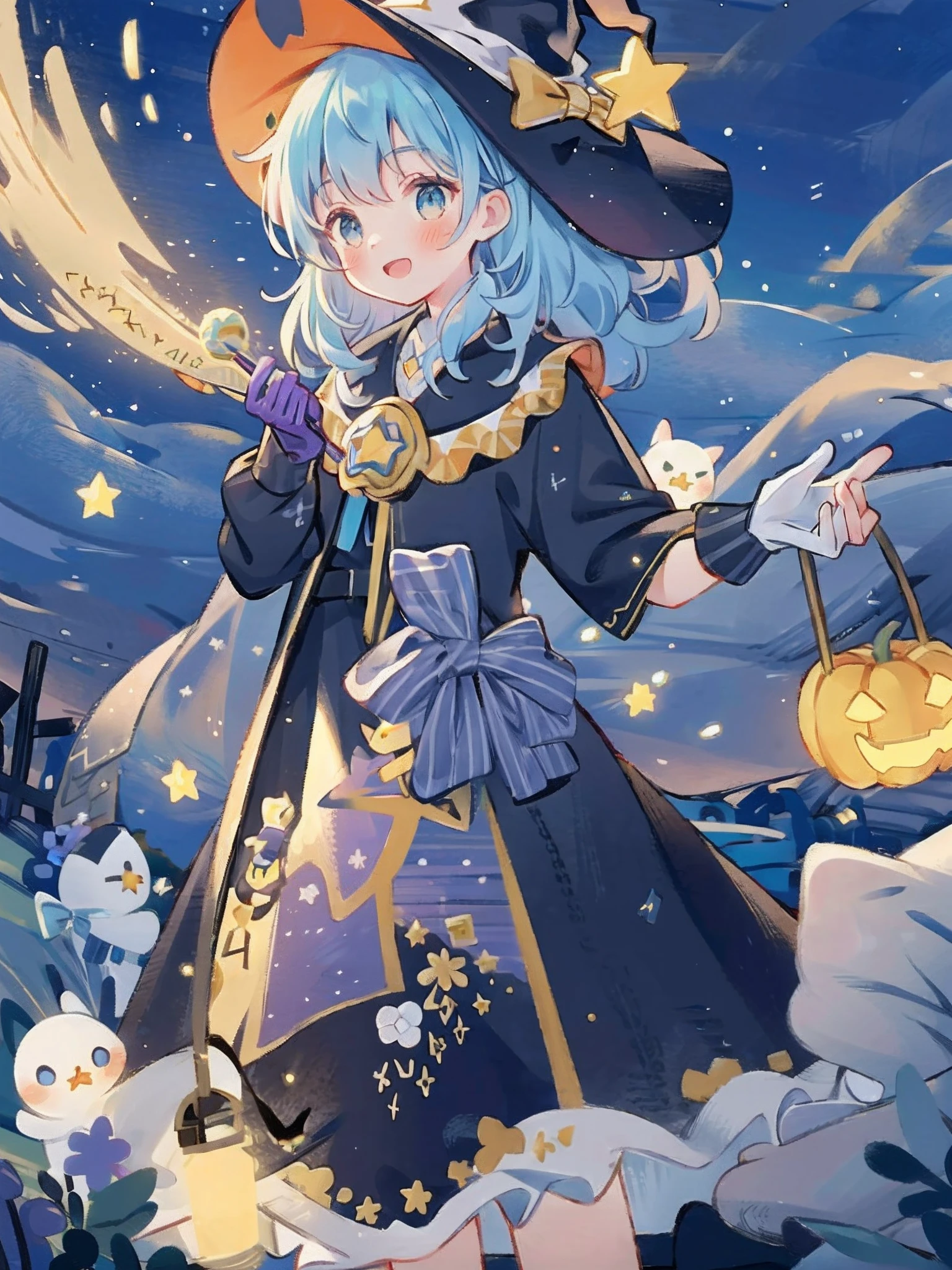 ((masterpiece:1.2, best quality)), 1girl, solo, (witch hat), a close up of a girl with curly hair, dress, aurora, night, star (sky), gloves, sky, dress, night sky, open mouth, starry sky, light blue eyes, ribbons, smile, cape, blue hair, magic, casting spell, night, (impressionism:1.4), alphonse mucha, Halloween colors, colorful candy