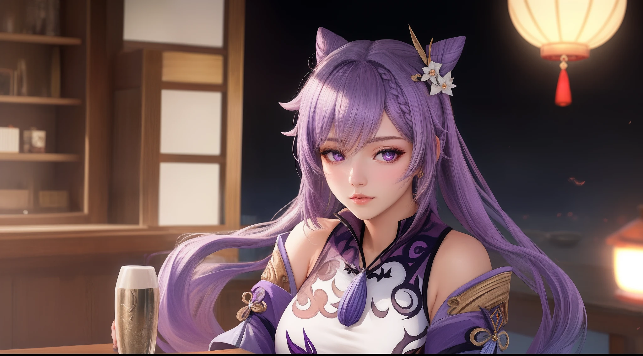 adult woman, (keqing genshin impact), focused upper body, realistic, (light urple hair), purple pupils, sitting pose, leaning on table,
