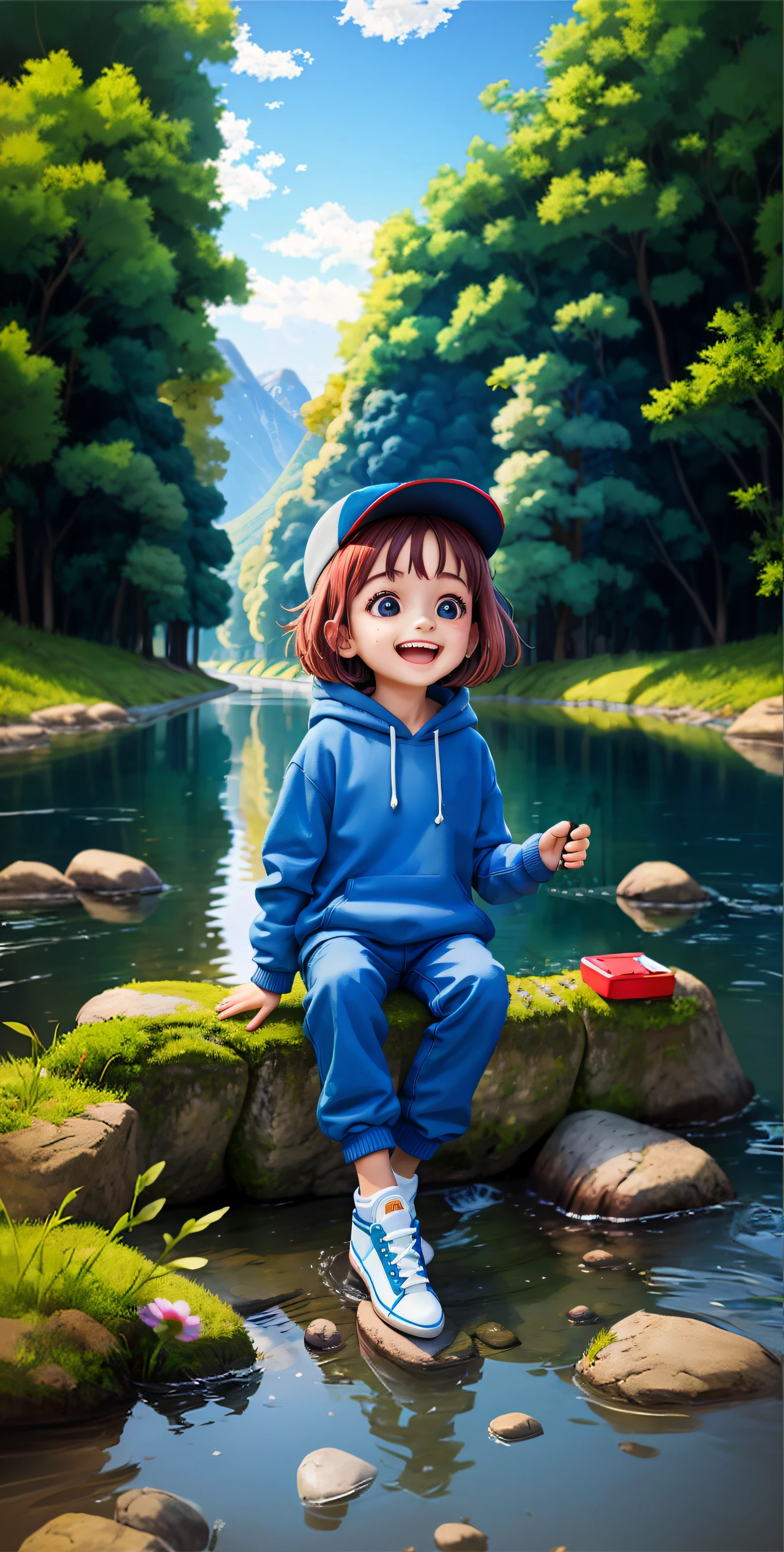 Draw a girl sitting on a stone in the river, lovely digital painting, Realistic anime 3 D style, cartoon digital painting, Realistic cute girl painting, digital cartoon painting art, Cute detailed digital art, Kawaii realistic portrait, adorable digital art, drawn in anime painter studio, made with anime painter studio, anime styled 3d, Digital anime illustration, anime realism style