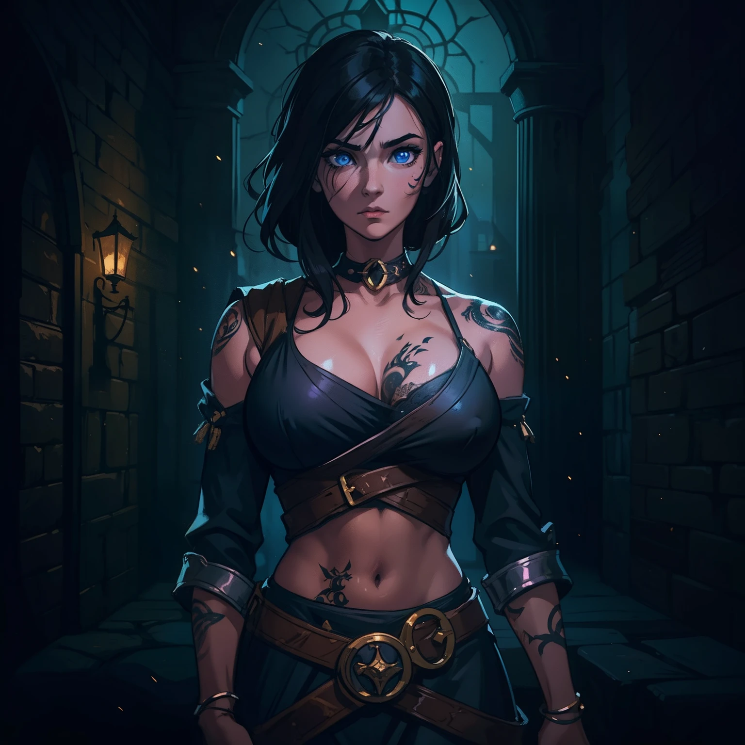 A portrait of a beautiful and sensual woman with cute neckline and breasts, a warrior with blue eyes and short, black hair with a tattoo on her face, she is wearing sexy combat costumes, plunging necklines for medieval fighting training, she is in a dark room with moonlight being the only source of light coming in through the window., A well-contrasted image drenched in mystery we can barely see her face through the darkness many well-marked shadows and a special focus on contour lights cinematic lights a dramatic lighting dramatic pose of profile an environment full of magic shadows and mysteries in a medieval art RPG art a detailed and approximate art a medieval RPG art RPG art game art banner art she has a dark aura because she is evil as a villain dramatic art impactful art sexy's boobs