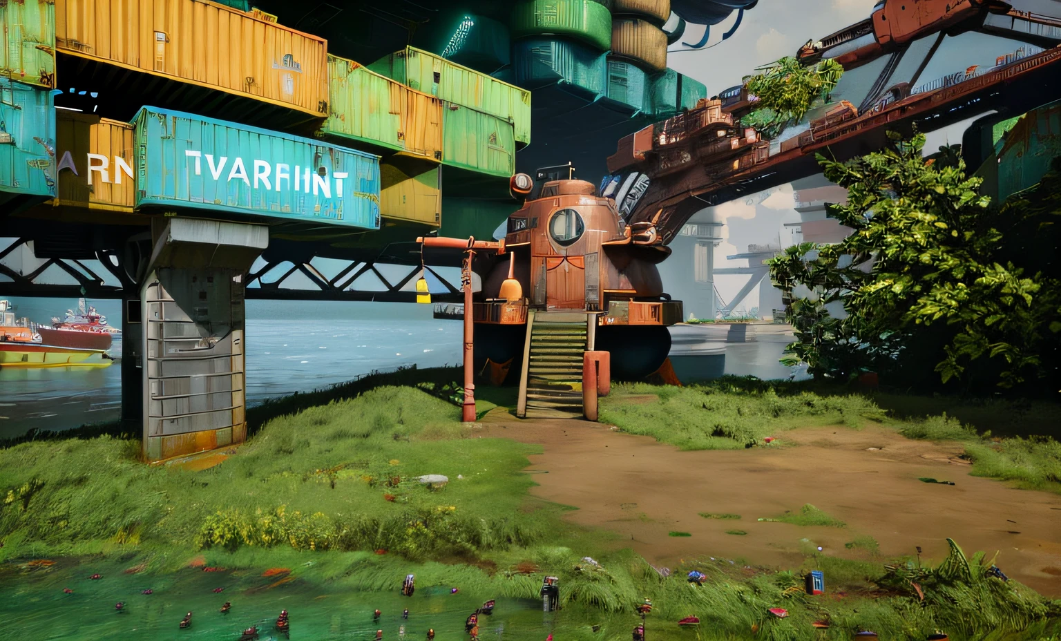 in a sci-fi shipping port,Rusty screenshot There are a lot of small objects on the ground