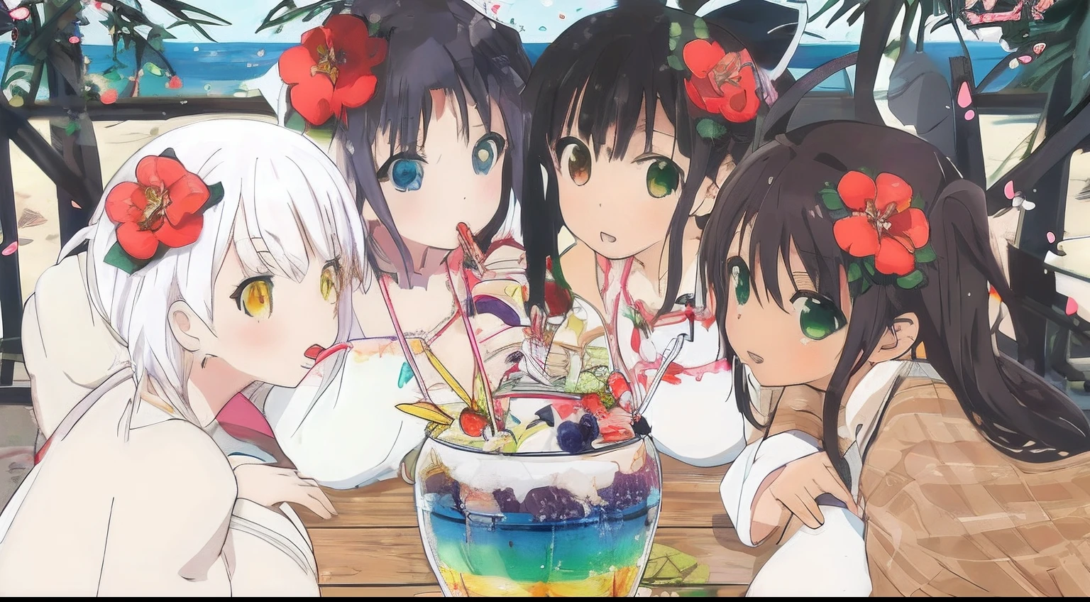 Anime characters sit at tables drinking drinks and fruits, anime hi-fructose, rainbow core, anime food, ecchi anime style, Kantai collection style, Official artwork, Pisif style, slice of life anime, Anime girls, drink milkshakes together, Pisif, Cute anime, author:Hosomura Kane, nightcore, offcial art
